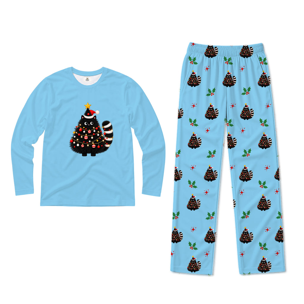 A two-piece pajama set on a plain white background, featuring a light blue long-sleeve shirt with a black cat dressed as a Christmas tree graphic, and matching light blue pants with an all-over print of the same cat-in-tree motif, small red stars, and green holly leaves.