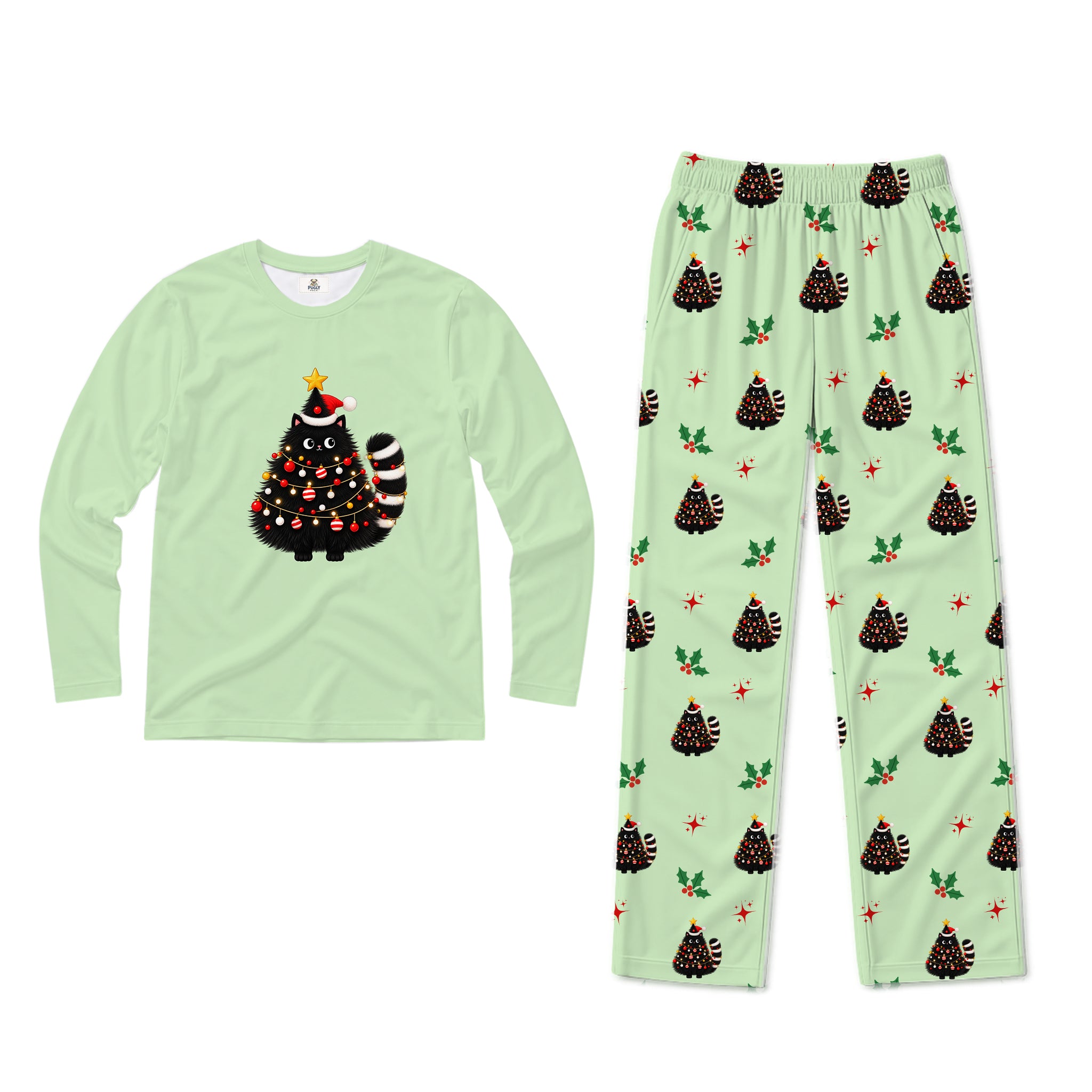 A two-piece pajama set featuring a light mint green long-sleeve shirt with a black cat dressed as a Christmas tree graphic on the front, and matching light mint green pants with an all-over print of the same Christmas tree motif.