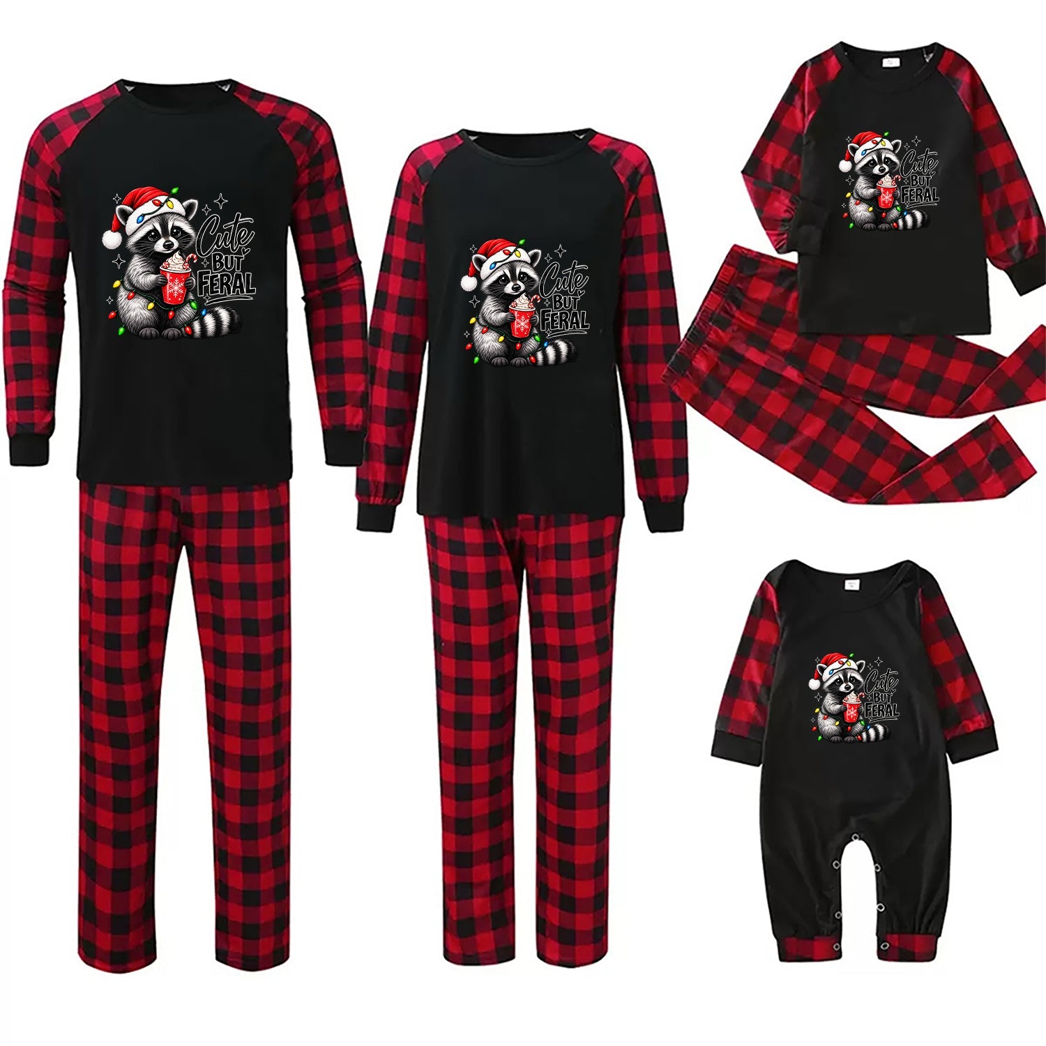 Four-piece Christmas family pajama set including adult and child matching sleepwear in black and red buffalo plaid with a raccoon graphic on the chest.