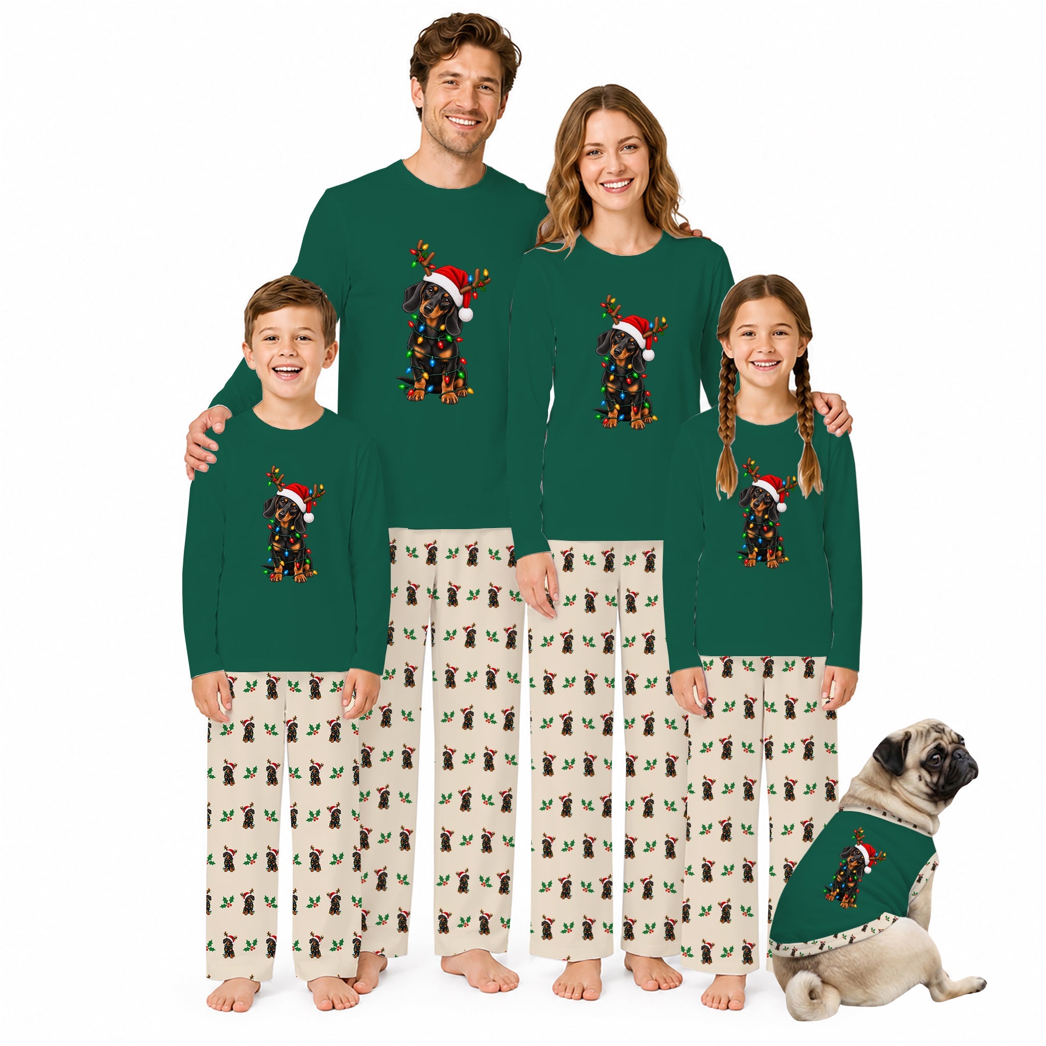 A family of four wearing matching royal Blue long-sleeve pajamas with a baseball graphic and Santa hat, standing together on a White background with a small dog in matching pajamas.