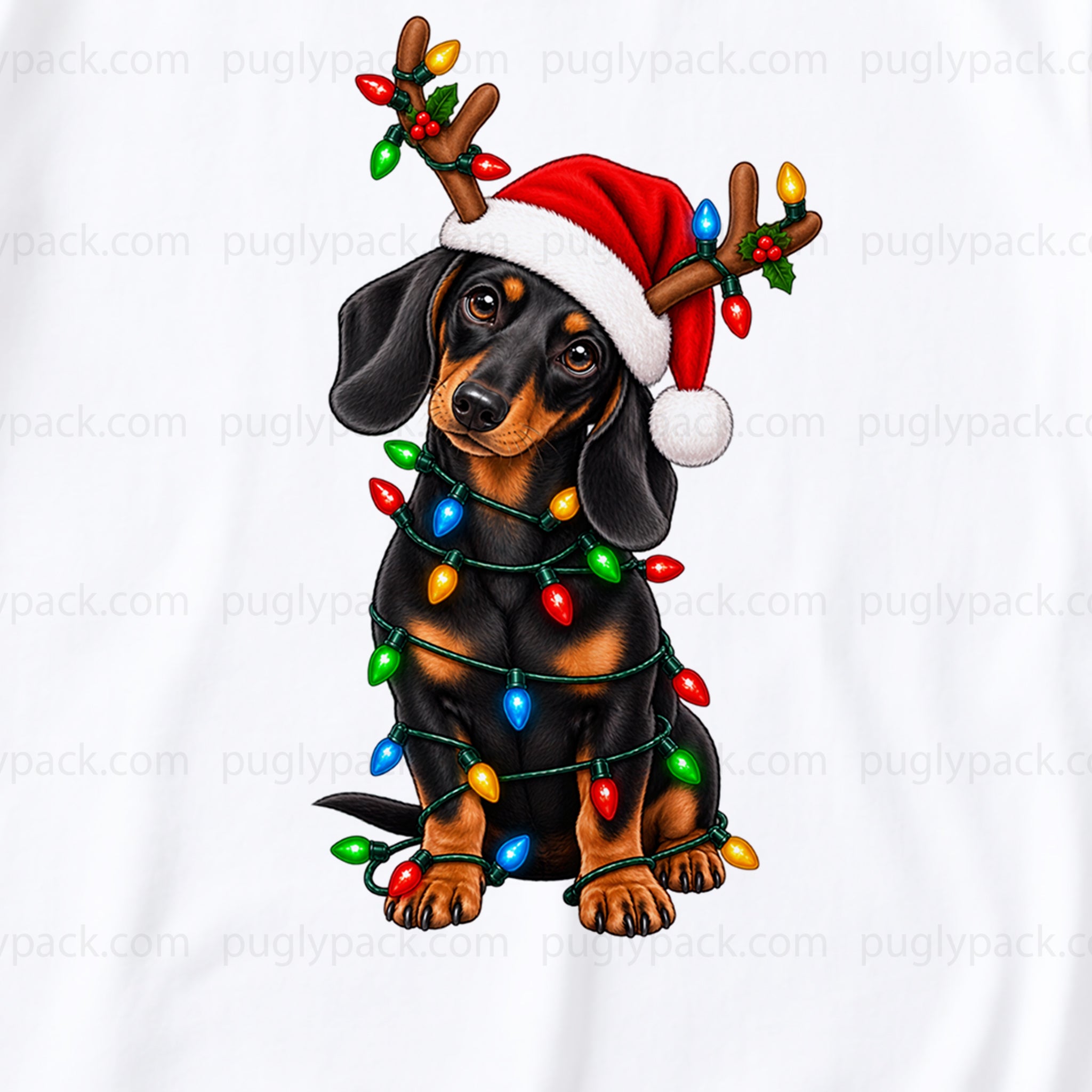 A dachshund wearing a Red Santa hat with reindeer antlers and wrapped in multicoloRed Christmas lights, shown on a White background with repeated 'puglypack.com' watermarks.