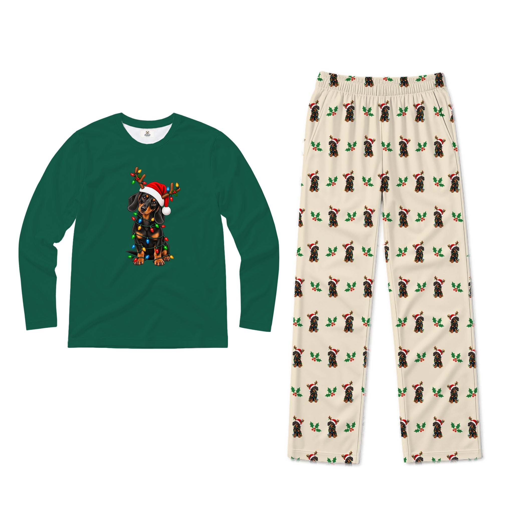 A two-piece Christmas pajama set featuring a dark Green long-sleeve shirt with a graphic of a dog wearing a Santa hat and holiday lights, paiRed with Cream-coloRed pants coveRed in a repeating pattern of the same dog graphic with holly and Santa hats.