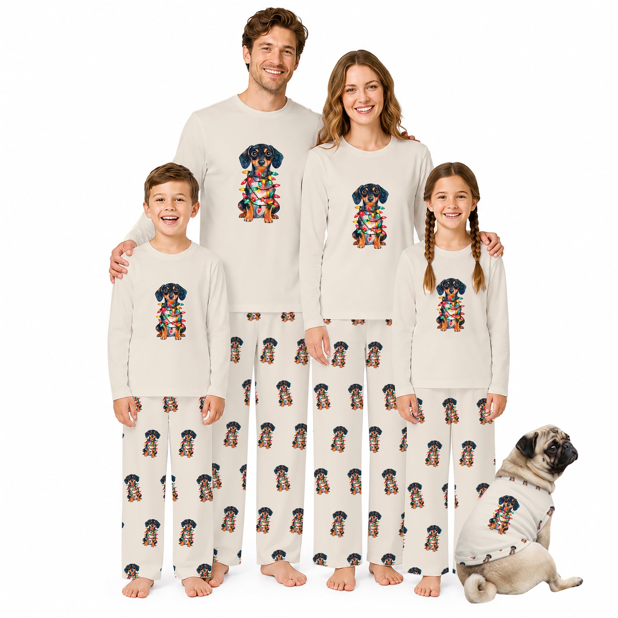 Dachshund matching family Christmas pajamas set — Cream long-sleeve pajamas for the whole family and pet