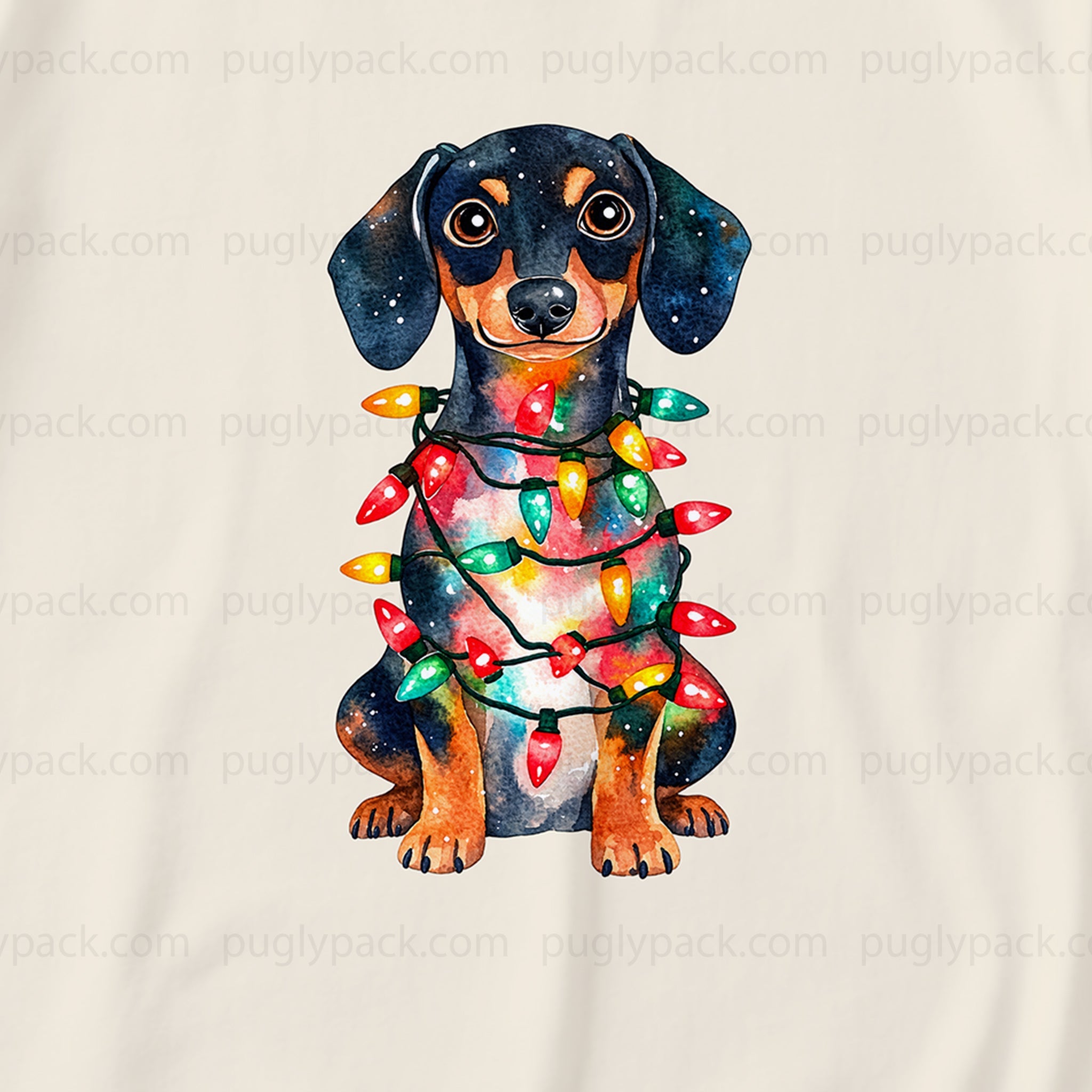 A dachshund illustration with a galaxy print, wrapped in colorful Christmas lights, centeRed on an off-White fabric background with a faint repeating watermark.