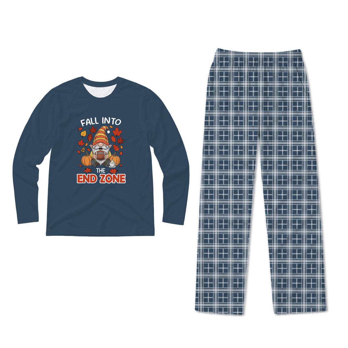 A two-piece pajama set on a white background, featuring a navy blue long-sleeve shirt with a colorful graphic that reads 'FALL INTO THE END ZONE' and matching navy blue pants with a white grid pattern.