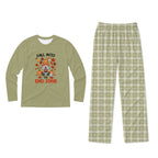 A two-piece pajama set on a white background, featuring a sage green long-sleeve shirt with a festive fall graphic and text, paired with matching sage green and white plaid pants.