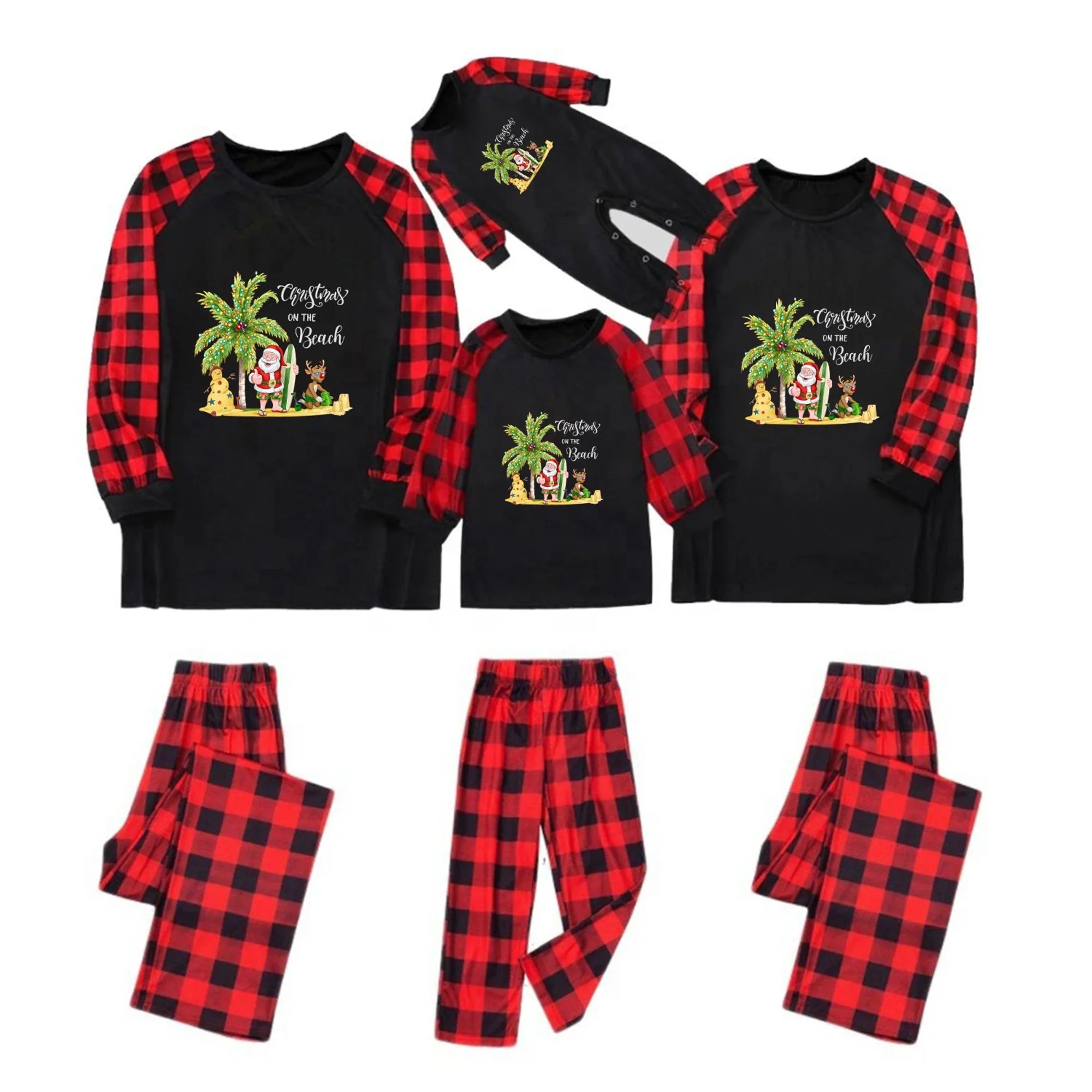 Three matching family Christmas pajama sets shown on a plain White background, including long-sleeve shirts and pants. The pajamas feature a Black body with Red buffalo plaid sleeves and a tropical beach graphic on the chest with the text 'Cruising for Beach'.