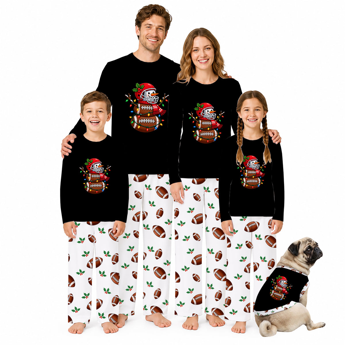 A family of four wearing matching black long-sleeve pajama tops and white patterned pajama pants, posed with a pug dog on a plain white background. Each person has a large football-themed graphic printed on the chest.