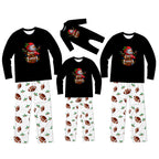Three matching family long-sleeve pajama sets displayed on a white background, each with a black top featuring a cartoon football mascot graphic and white pants with an all-over brown football print.