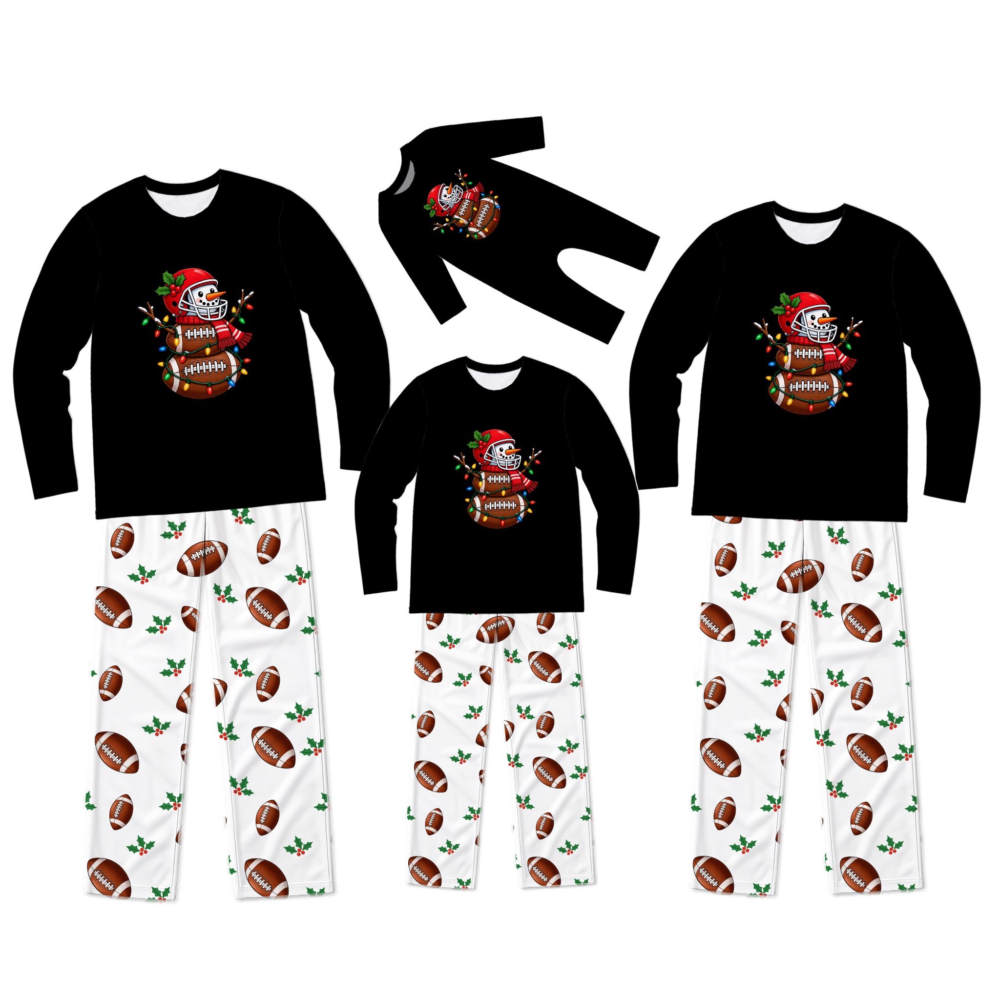 Three matching family long-sleeve pajama sets displayed on a white background, each with a black top featuring a cartoon football mascot graphic and white pants with an all-over brown football print.