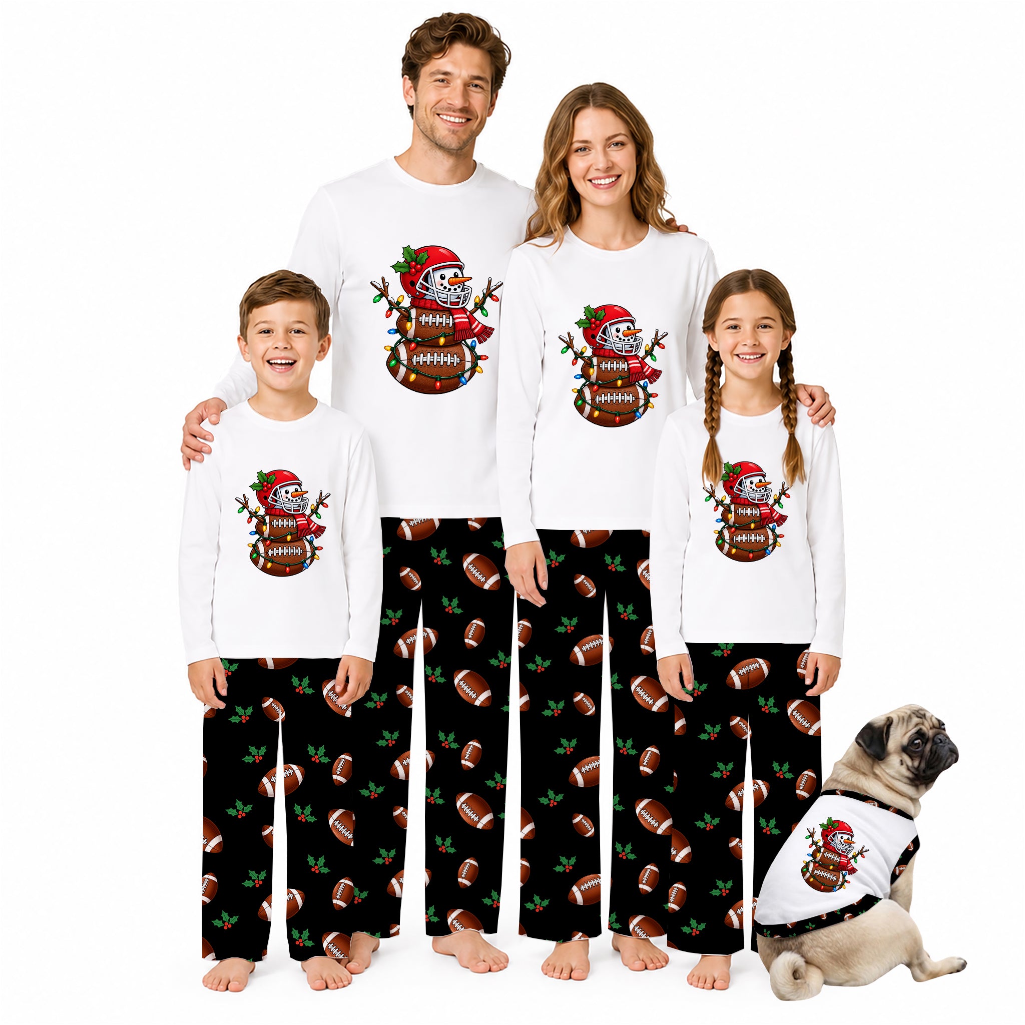 A family of four wearing matching white long-sleeve t-shirts and black patterned pajamas, standing together on a white background with a small dog wearing a matching shirt. Each person has a large cartoon football-themed graphic on the front.
