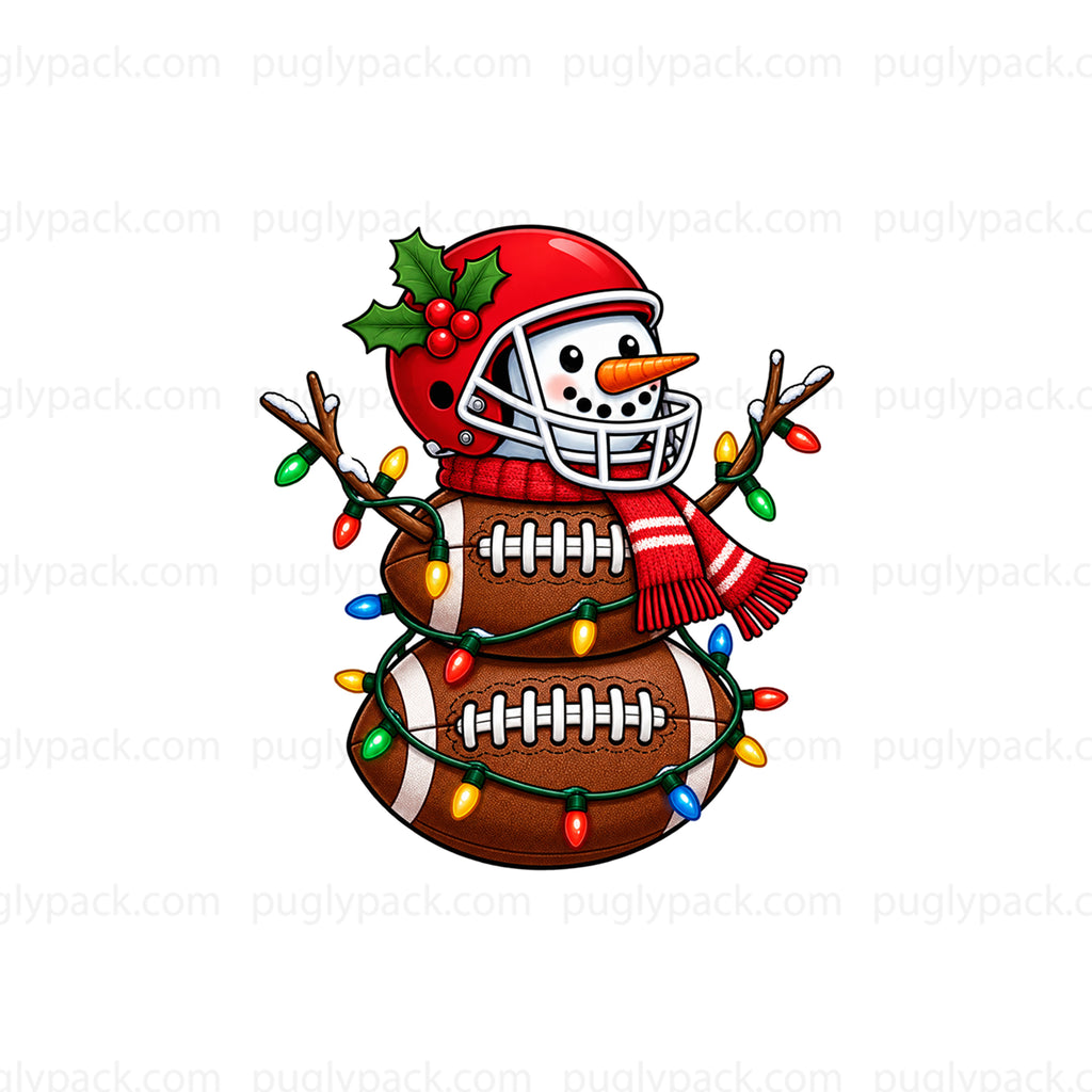A festive cartoon snowman made from stacked footballs, wearing a red football helmet with holly and a red-and-white striped scarf, wrapped in multicolored Christmas lights, on a white background with repeated Puglypack watermarks.