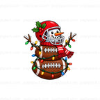 A festive cartoon snowman made from stacked footballs, wearing a red football helmet with holly and a red-and-white striped scarf, wrapped in multicolored Christmas lights, on a white background with repeated Puglypack watermarks.