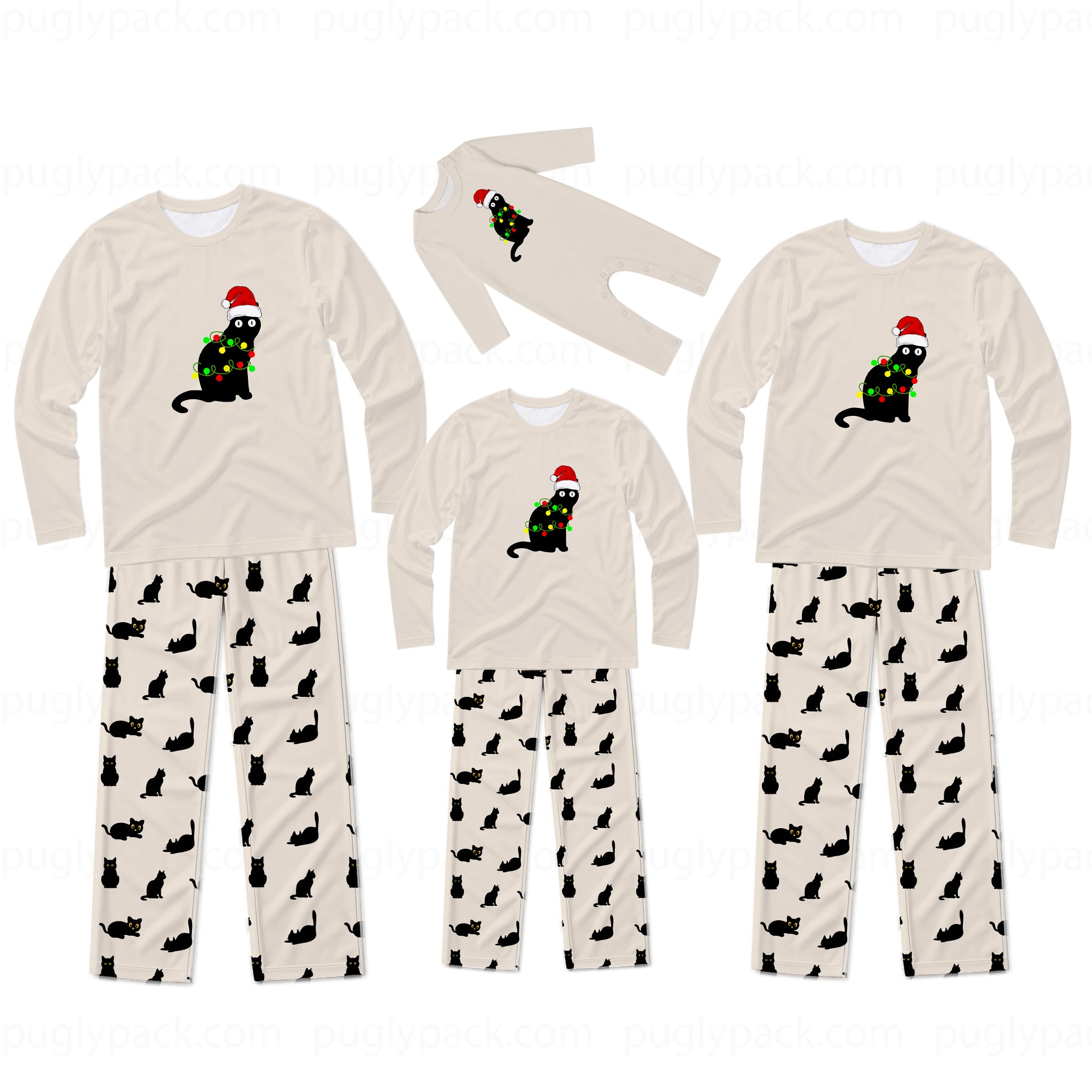 Three sizes of matching family Christmas pajamas shown on a white background, featuring a beige long-sleeve top with a black cat wearing a green Christmas tree and red Santa hat, paired with beige pants patterned with small black cat silhouettes.