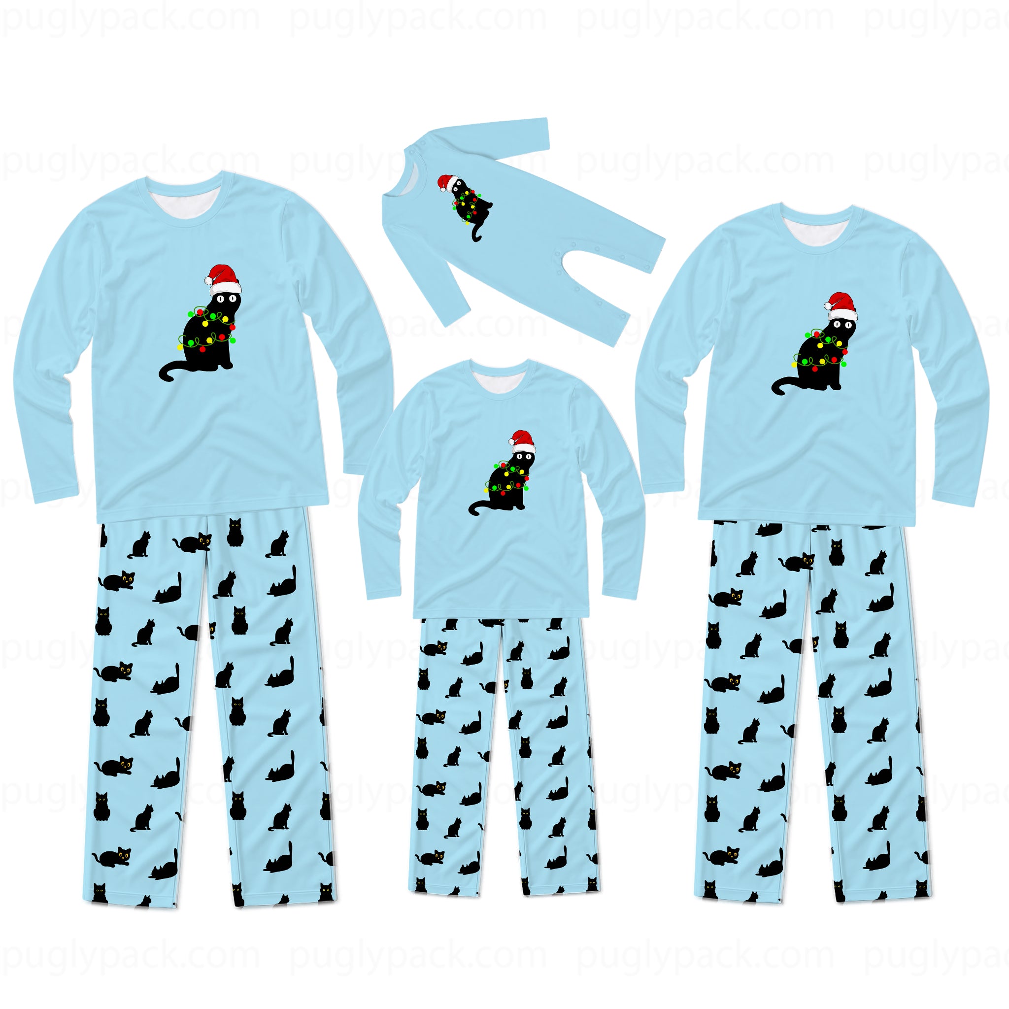 Three sizes of matching family pajama sets shown on a white background. Each set includes a light blue long-sleeve top with a black cat wearing a Christmas tree and Santa hat graphic, paired with light blue pants covered in a black cat print.