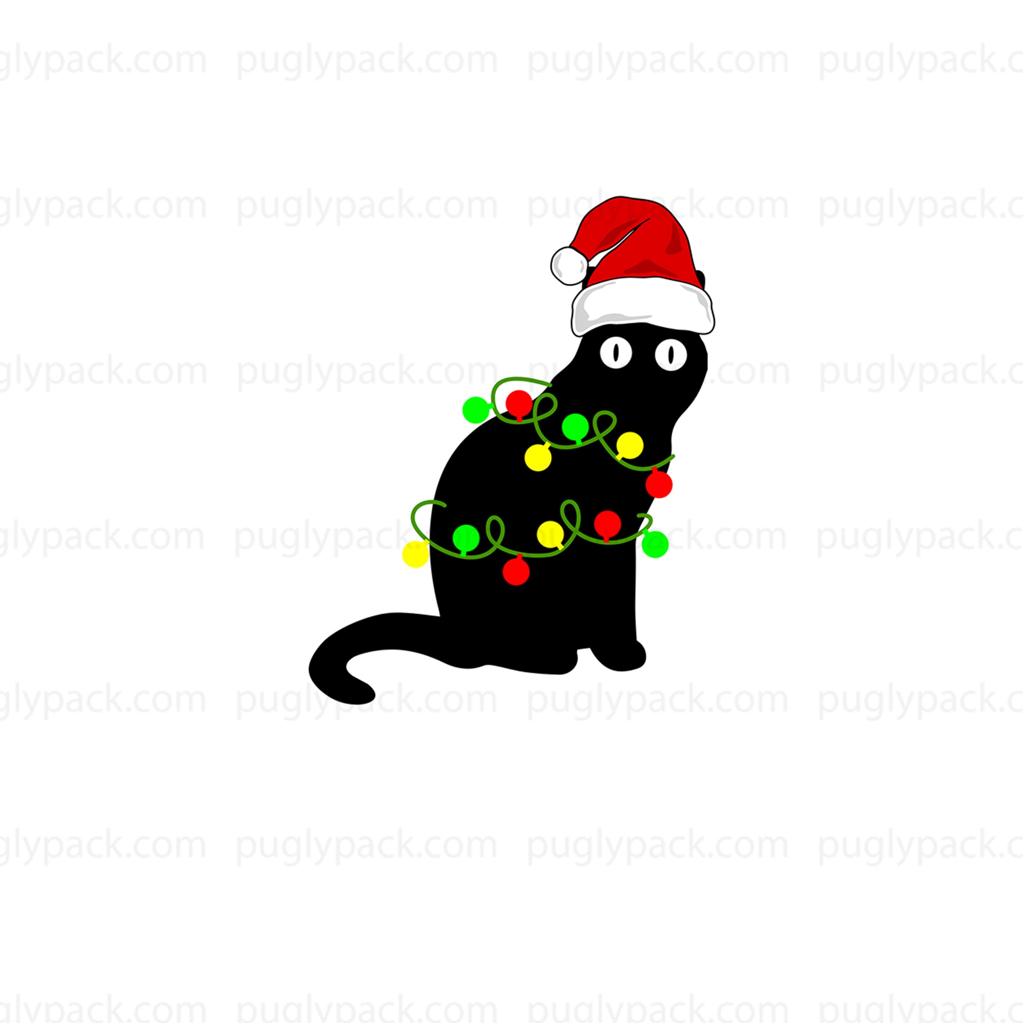 A cartoon-style black cat wearing a red Santa hat and wrapped in multicolored Christmas lights, centered on a white background with repeated puglypack.com watermarks.