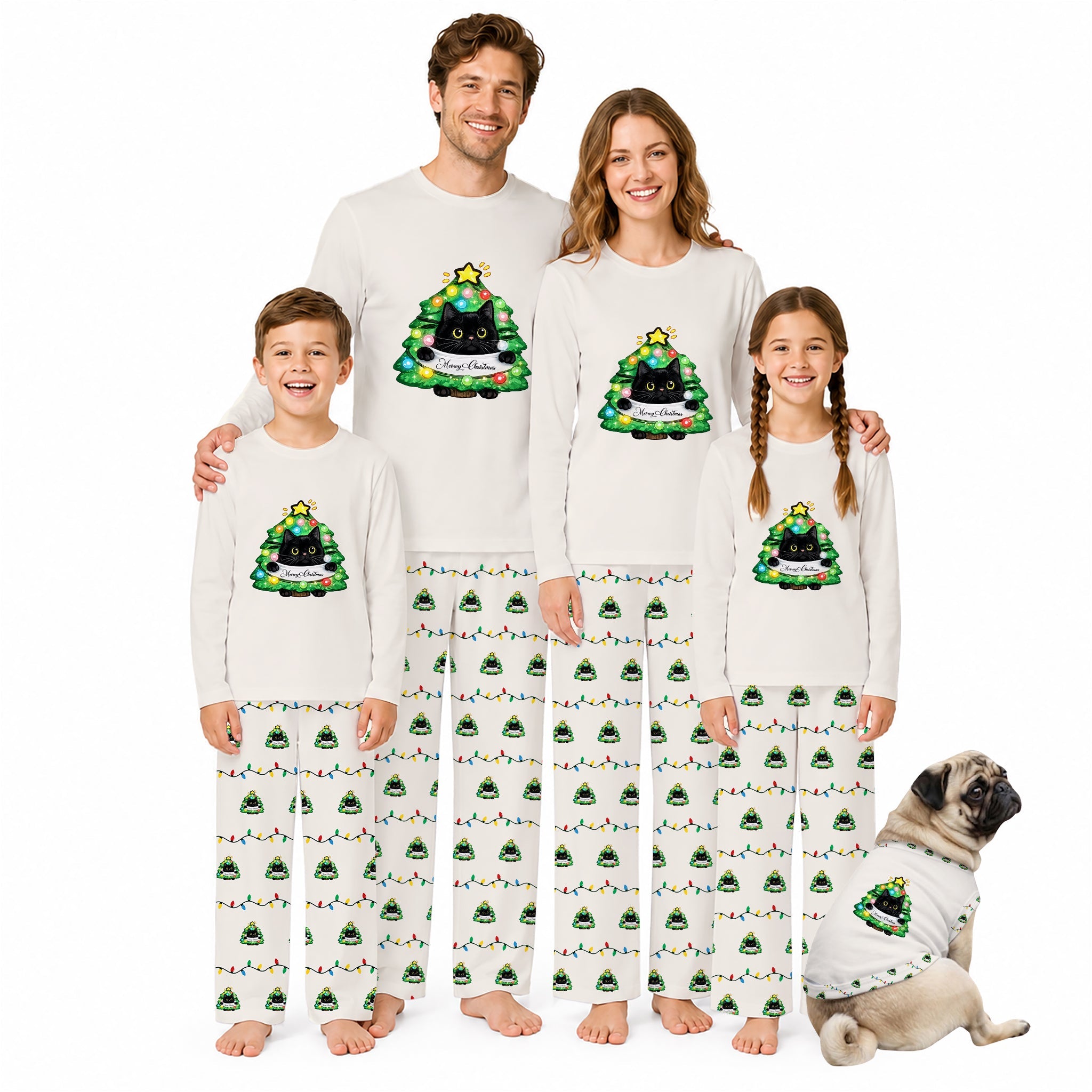 A family of four wearing matching Christmas-themed pajamas stands together on a White background, with a small pug dog sitting at their right. The pajamas are White with a Green and Black Christmas tree graphic on the chest and a repeating Green tree print on the pants.