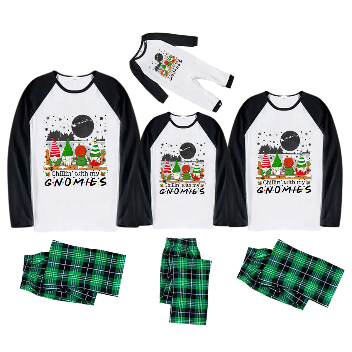 Three matching family-sized holiday pajama sets shown on a white background, including raglan long-sleeve shirts and green plaid pants. The shirts have a white front with black sleeves and a Christmas gnome graphic with the text 'I Chillin' with my GNOMIES'.