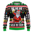 A festive Christmas sweater with a Black background, featuring a large Santa Claus holding a beer mug in the center, surrounded by 'HO HO HO' text, 'HOLD MY BEER' text, beer mugs, Christmas trees, and holiday lights.