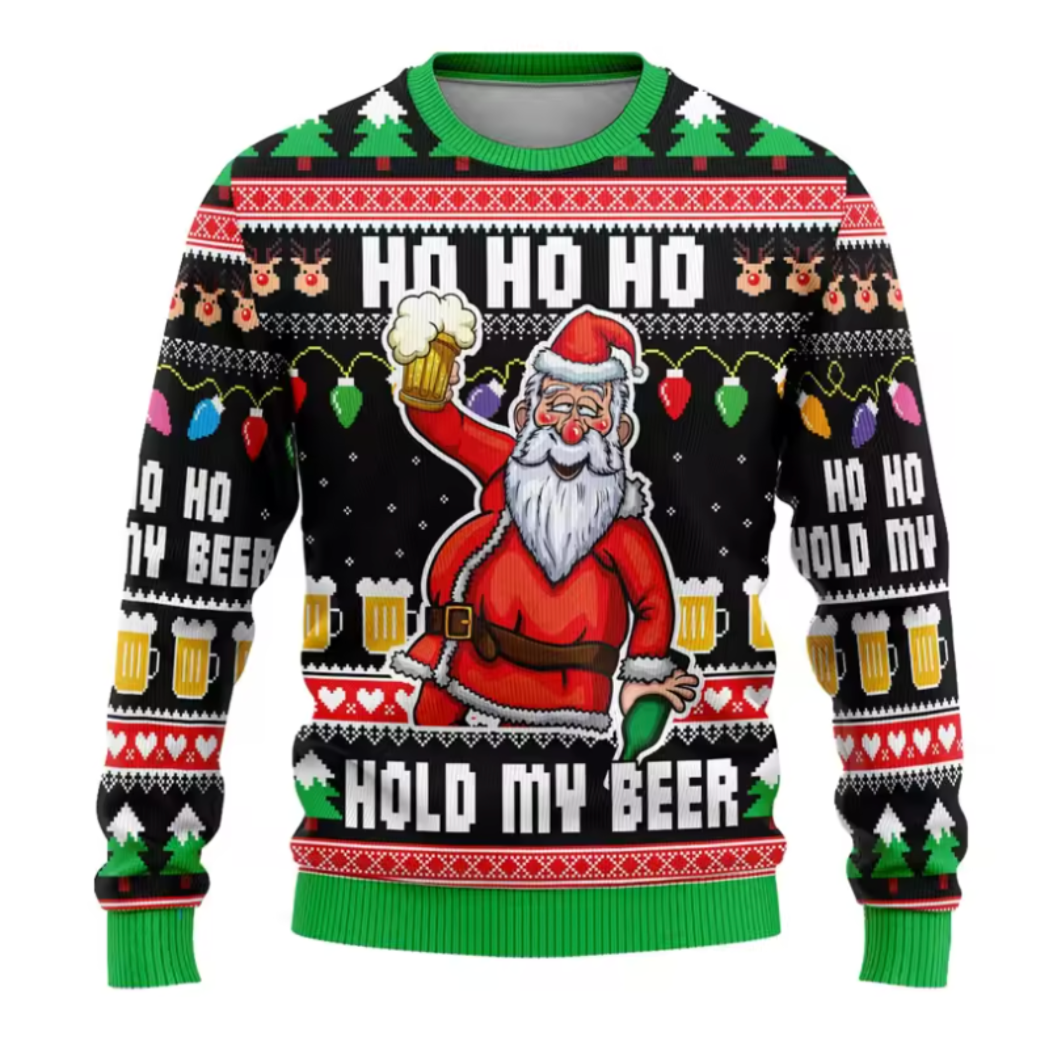 A festive Christmas sweater with a Black background, featuring a large Santa Claus holding a beer mug in the center, surrounded by 'HO HO HO' text, 'HOLD MY BEER' text, beer mugs, Christmas trees, and holiday lights.