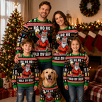 A family of four and a dog wearing matching Christmas sweaters with a Santa Claus and beer mug design, standing in a cozy holiday living room in front of a decorated Christmas tree and fireplace.