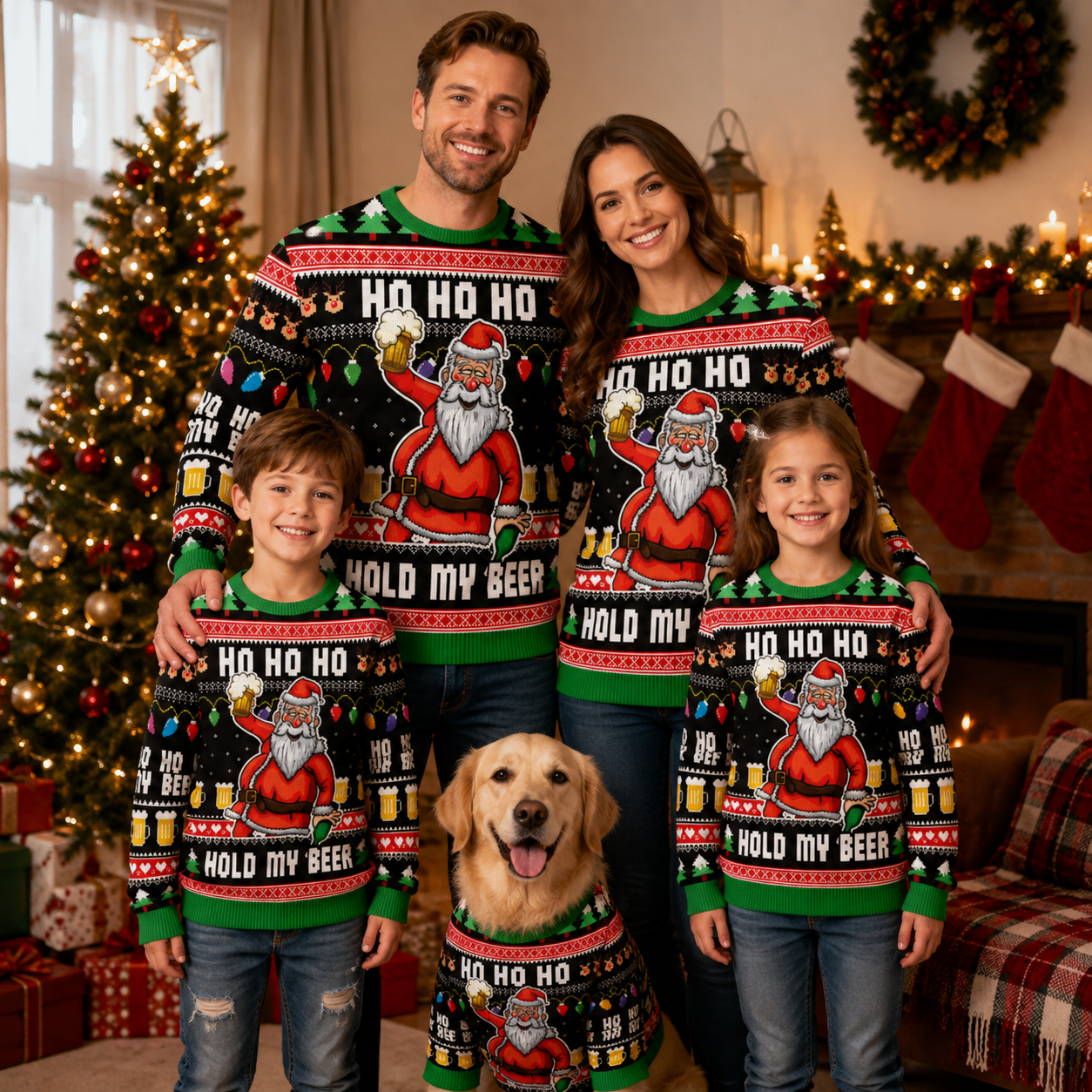 A family of four and a dog wearing matching Christmas sweaters with a Santa Claus and beer mug design, standing in a cozy holiday living room in front of a decorated Christmas tree and fireplace.
