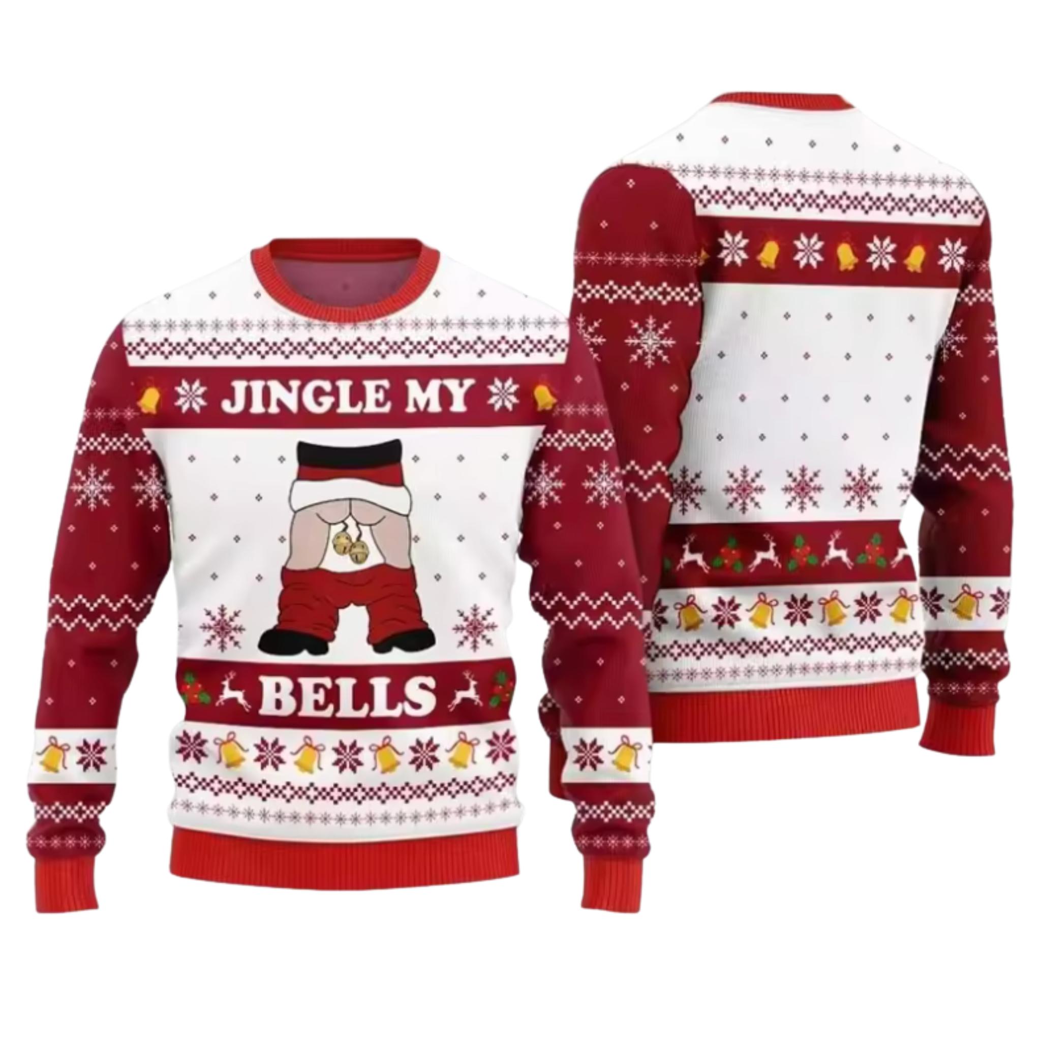 A festive Christmas sweater shown from both front and back views. The design features a White base with Red patterns, including snowflakes, stripes, and bell motifs, with a cartoon Santa's pants graphic in the center.