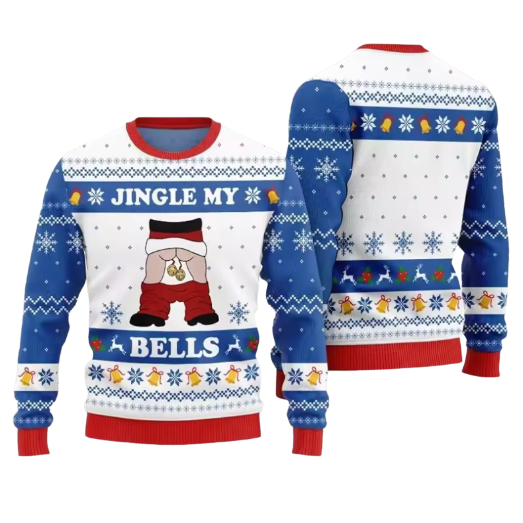 A festive Christmas sweater shown from both front and back views. The White crewneck sweater features a Blue and White Nordic pattern with yellow bells, a cartoon character wearing Red pants and a Santa hat, and the text 'JINGLE MY BELLS'.