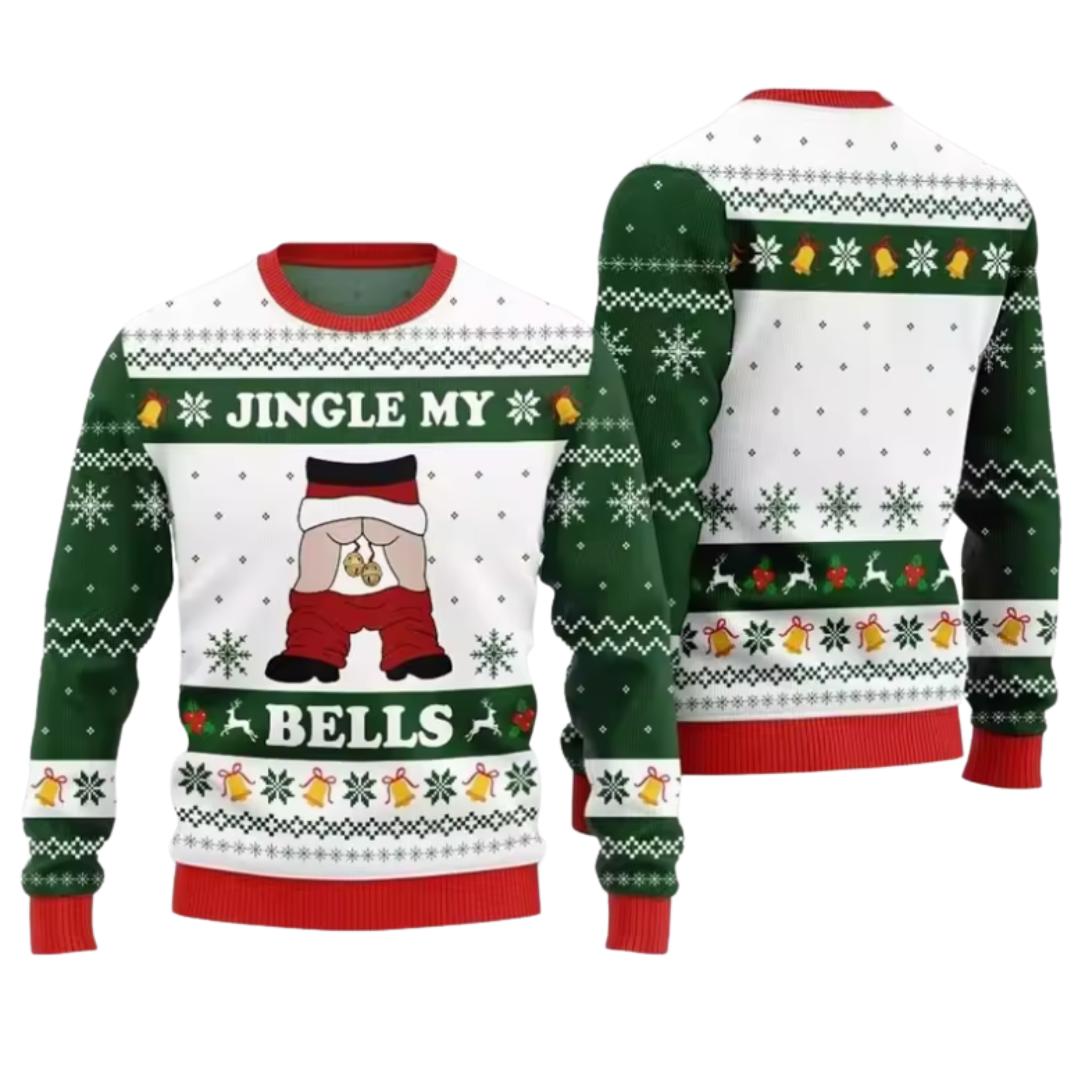 A festive Christmas sweater shown from both front and back views. The design features a White base with Green patterned sleeves and collar, Red ribbed cuffs and hem, and a central graphic of a Santa Claus holding bells with the text 'JINGLE MY BELLS'.
