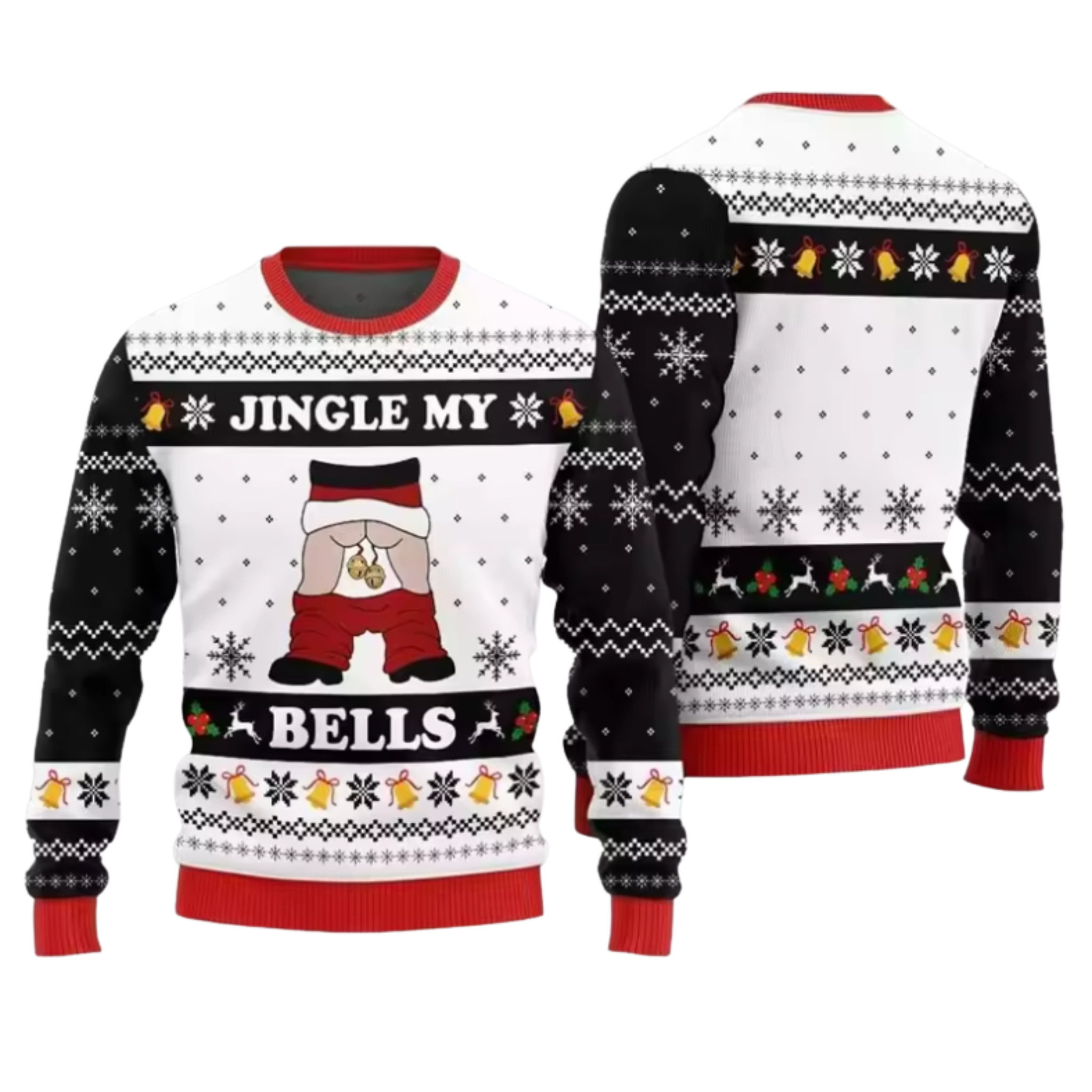 A festive Christmas sweater shown from both front and back views. The White crewneck sweater features a Black and Red Santa graphic with the text 'JINGLE MY BELLS' and holiday-themed borders with reindeer, snowflakes, and bells.