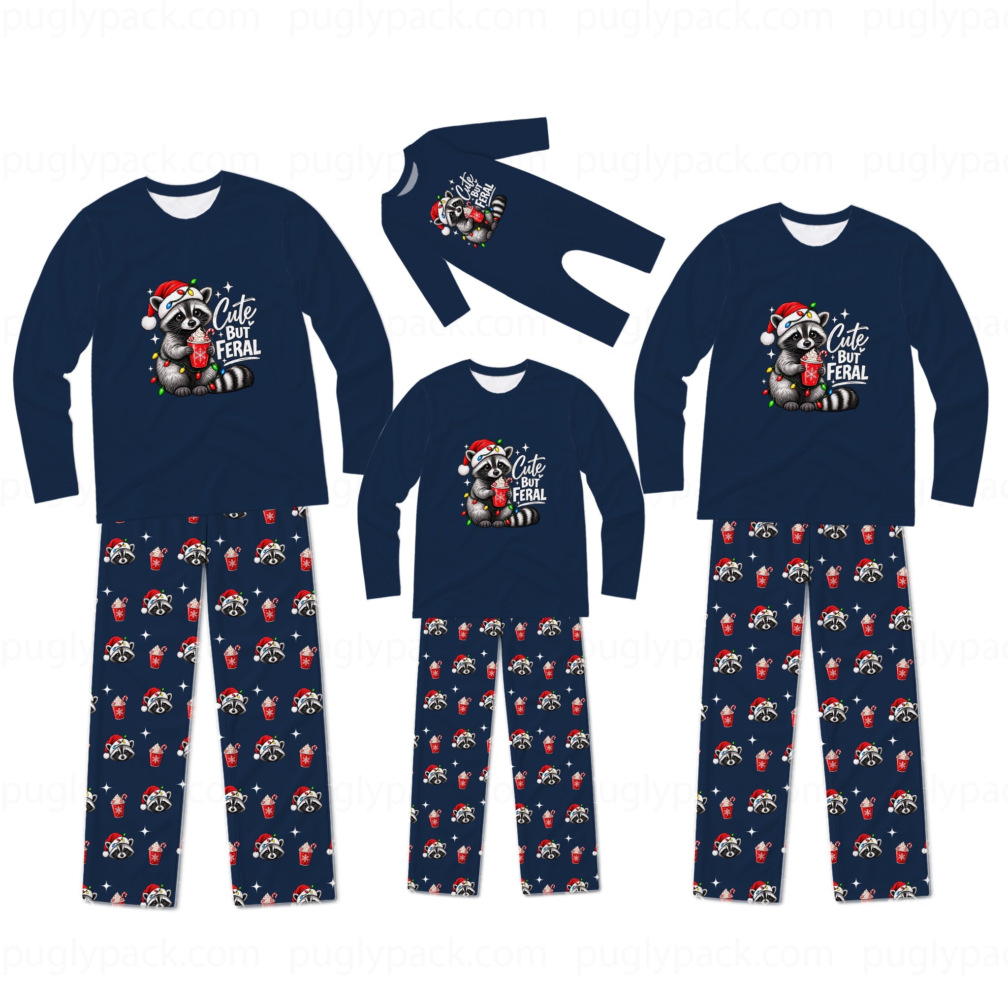 A family matching Christmas pajama set displayed on a white background, including three long-sleeve shirts and three pairs of pants in different sizes. The pajamas are navy blue with a raccoon wearing a Santa hat graphic on the chest and a repeating pattern of Santa hats, gifts, and snowflakes on the pants.
