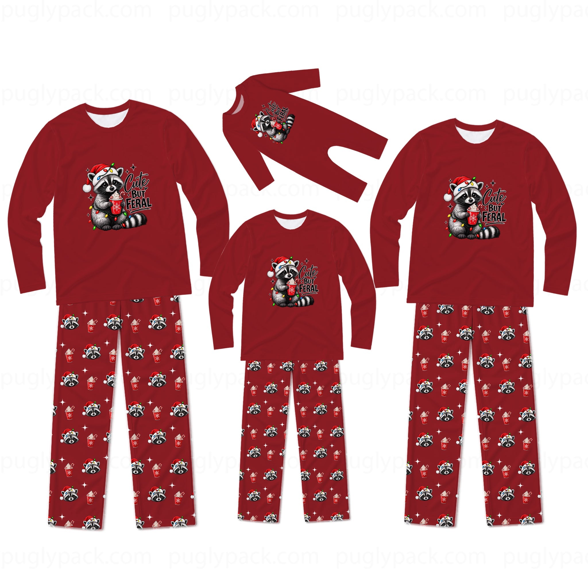 Three sizes of matching Christmas family pajamas shown on a white background, including long-sleeve shirts and pants. The pajamas are red with a raccoon wearing a Santa hat graphic on the chest and red pants featuring a repeating pattern of the same raccoon design.