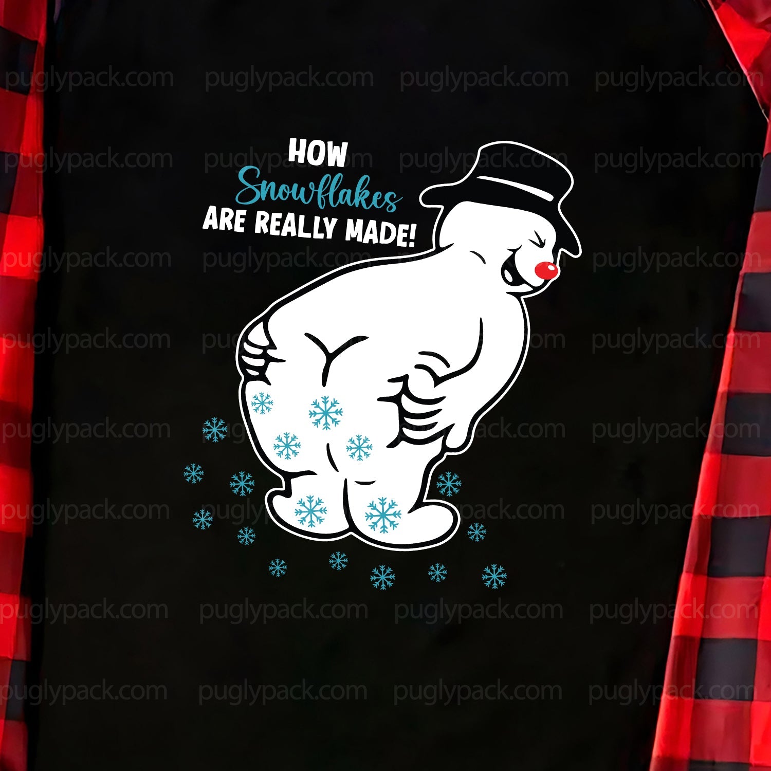 A Black graphic t-shirt featuring a White cartoon snowman with a Black top hat, Red nose, and Blue snowflakes. The text reads 'HOW Snowflakes ARE REALLY MADE!'.