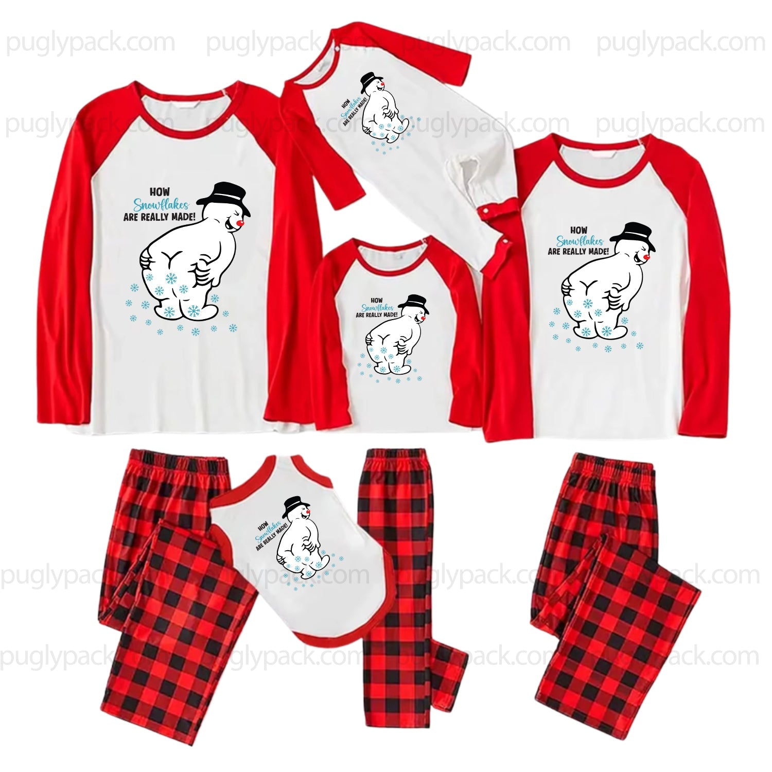 A 7-piece family pajama set for Father's Day, featuring raglan long-sleeve shirts and matching plaid or graphic pants in Red and White, with a polar bear graphic and text on the shirts.