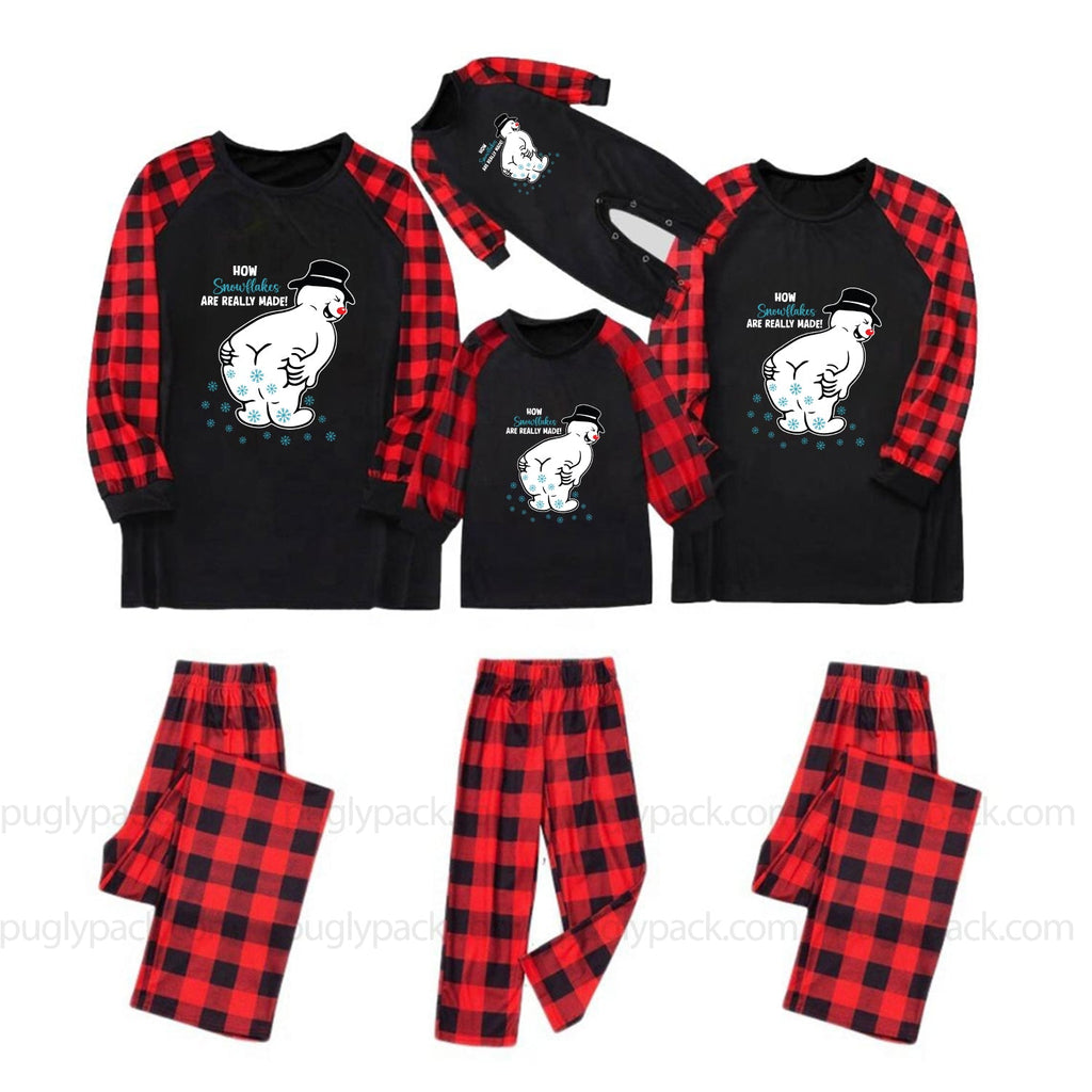 Three matching family Christmas pajama sets shown on a White background, including long-sleeve shirts and pants. The shirts are Black with Red buffalo plaid sleeves and a White cartoon snowman graphic with the text 'HOW'S EVERYTHING?' and 'DO WE HAVE TO WAIT?'.
