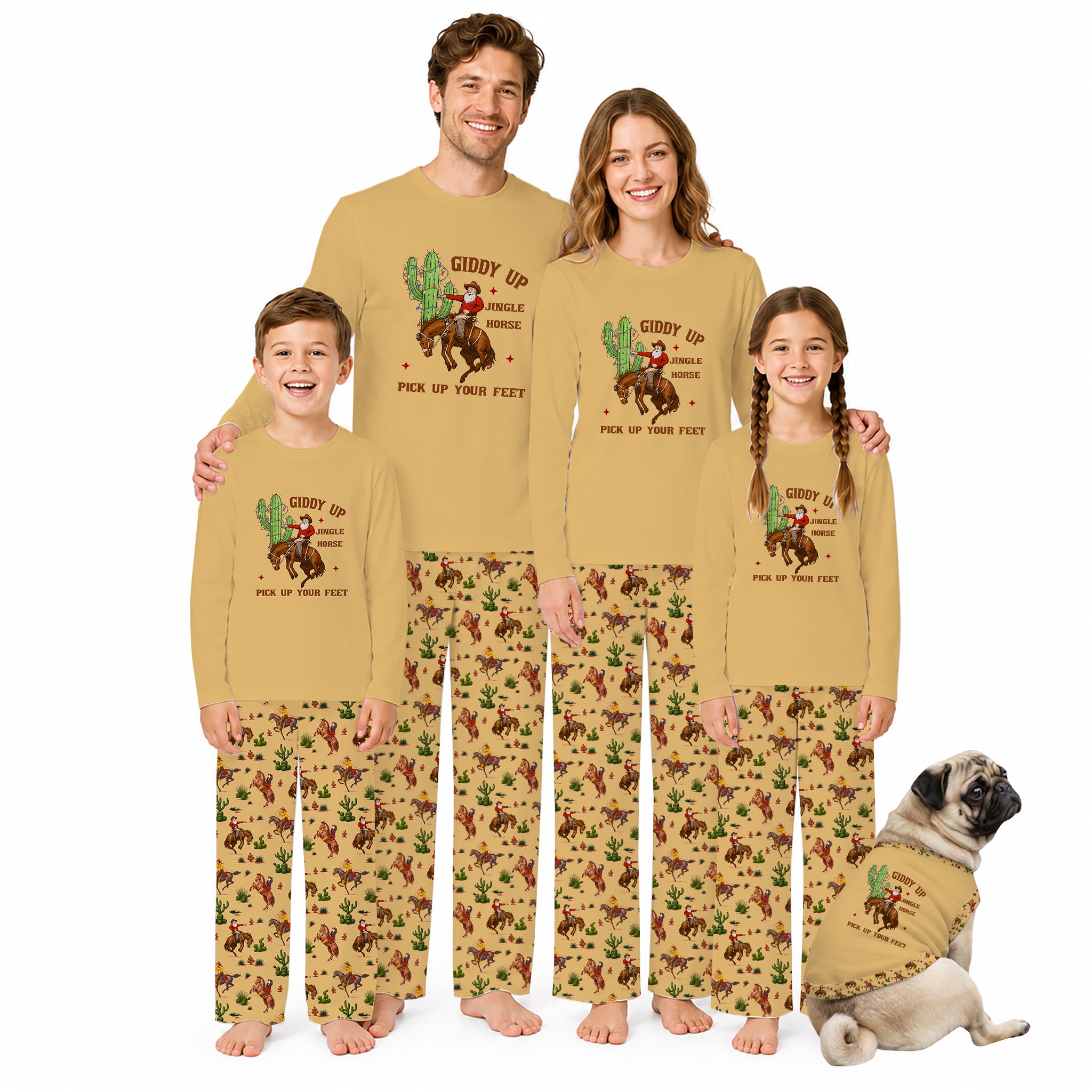 A family of four and a dog wearing matching tan and brown western-print pajamas with a cowboy riding a cactus graphic and the text 'Giddy Up Pick Up Your Feet' on a white background.