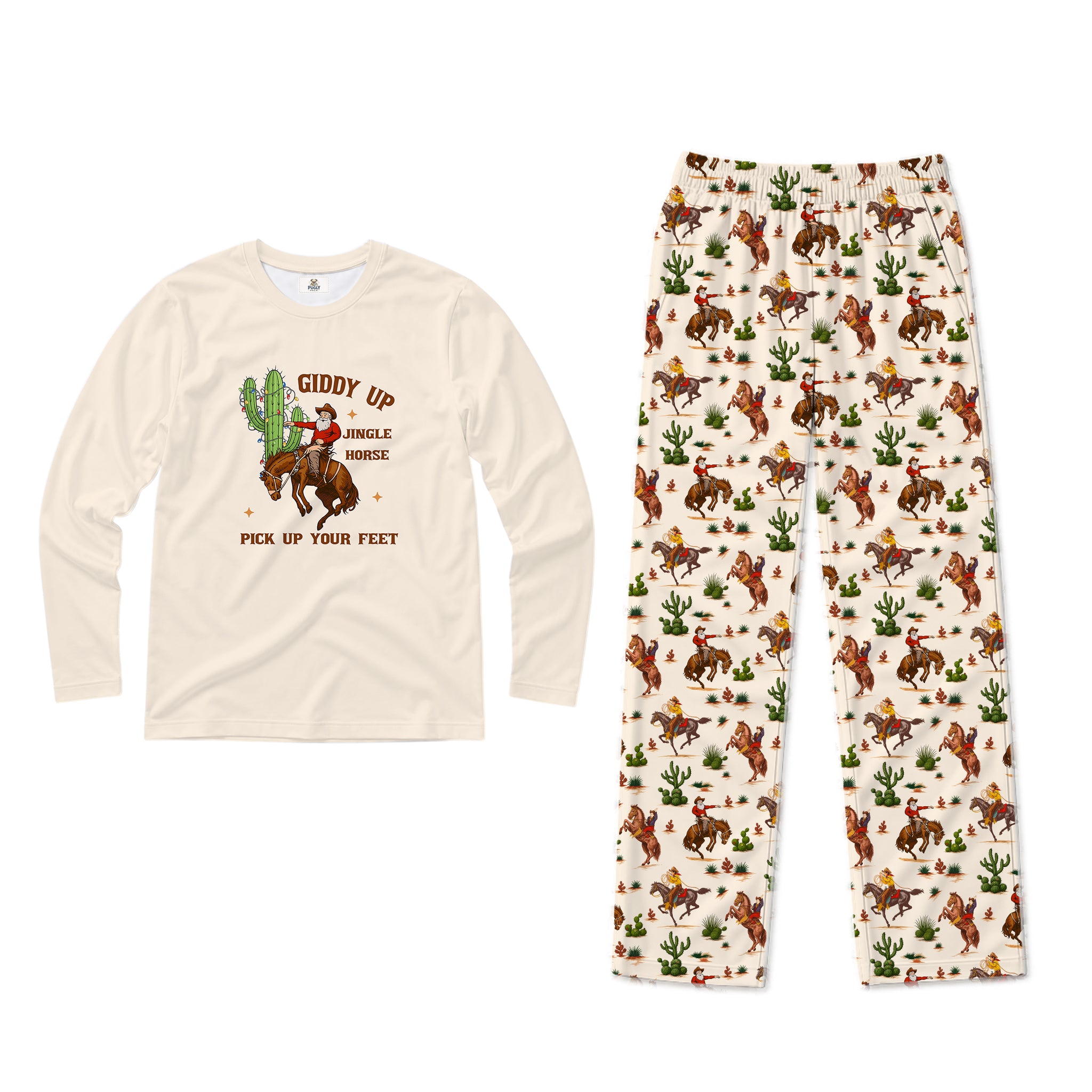 A two-piece kids' pajama set featuring a long-sleeve cream shirt with a western 'Giddy Up Jingle Horse' graphic and matching cream pants with an all-over cowboy and cactus print.