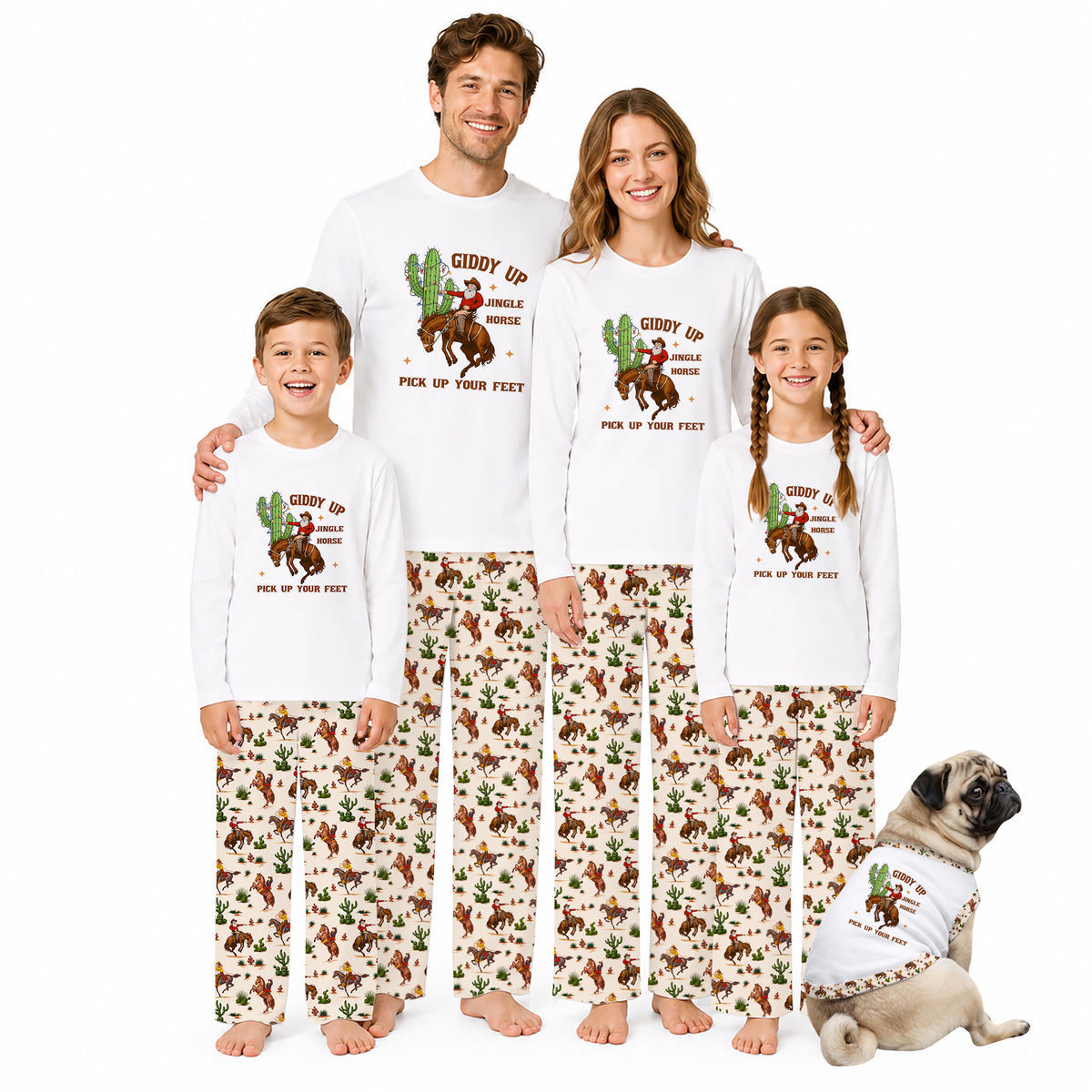 A family of four wearing matching long-sleeve pajamas with a white top and brown cowboy-print pants, standing barefoot against a light gray studio background. A small pugsy dog sits at their right, also wearing a matching pajama set.