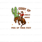 A western-themed graphic design featuring a cowboy riding a brown horse next to a tall green cactus decorated with colorful Christmas lights. The text reads 'GIDDY UP', 'JINGLE HORSE', and 'PICK UP YOUR FEET' in brown lettering, with small gold stars.