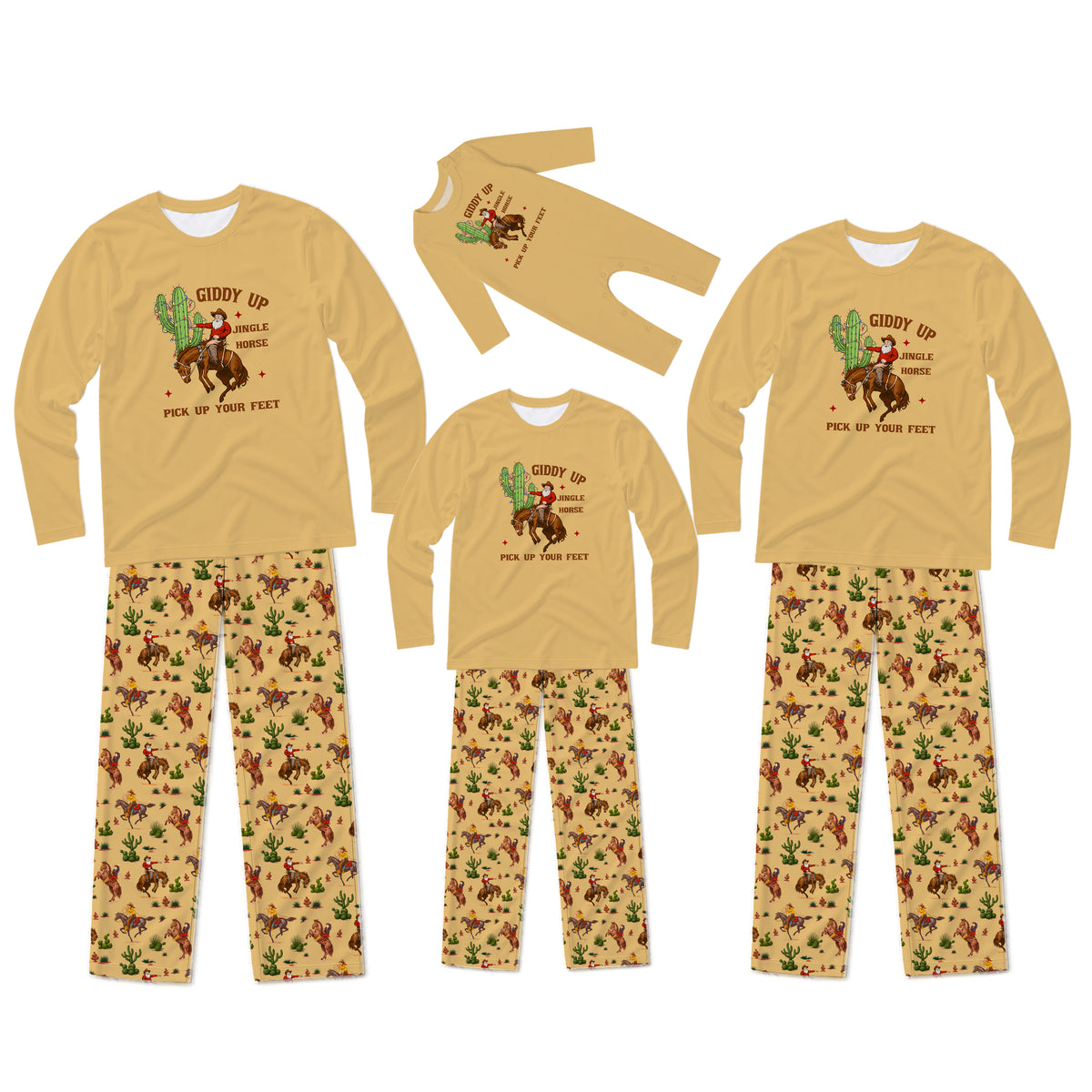 A matching family pajama set displayed on invisible mannequins, featuring three sizes of long-sleeve shirts and pants. The pajamas are a sandy tan color with a graphic of a cowboy riding a horse with a cactus and the text 'GODDY TIP PICK UP YOUR FEET'.