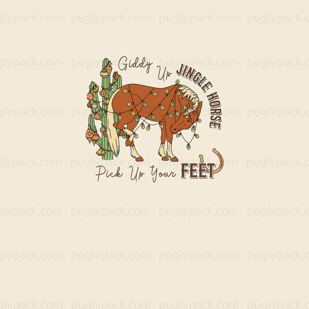 A graphic design featuring a brown horse decorated with green and orange Christmas lights, standing next to a cactus. The text reads 'Giddy Up JINGLE HORSE' arched above the horse and 'Pick Up Your FEET' below it, all on a light beige background with a repeating 'puglypack.