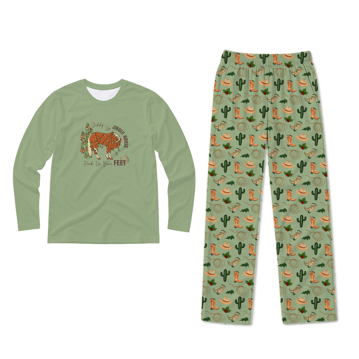 A two-piece kids' pajama set on a plain white background. The long-sleeve shirt is sage green with a graphic of a steer and the text 'Stay in the woods when you can, feed to your feet'.