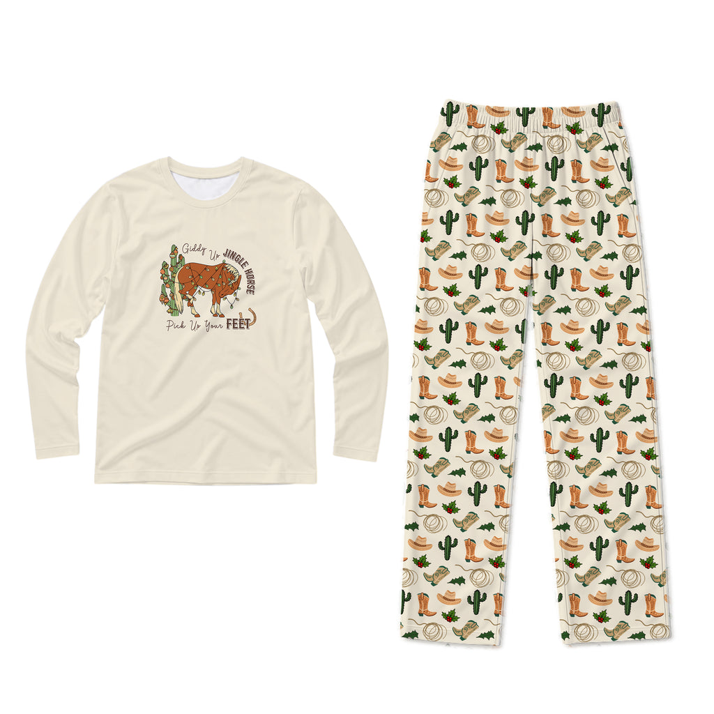 A two-piece kids' western-themed pajama set on a plain white background. The long-sleeve shirt is cream-colored with a graphic of a steer, cactus, and boots with the text 'Gotta go somewhere, feel it first'.
