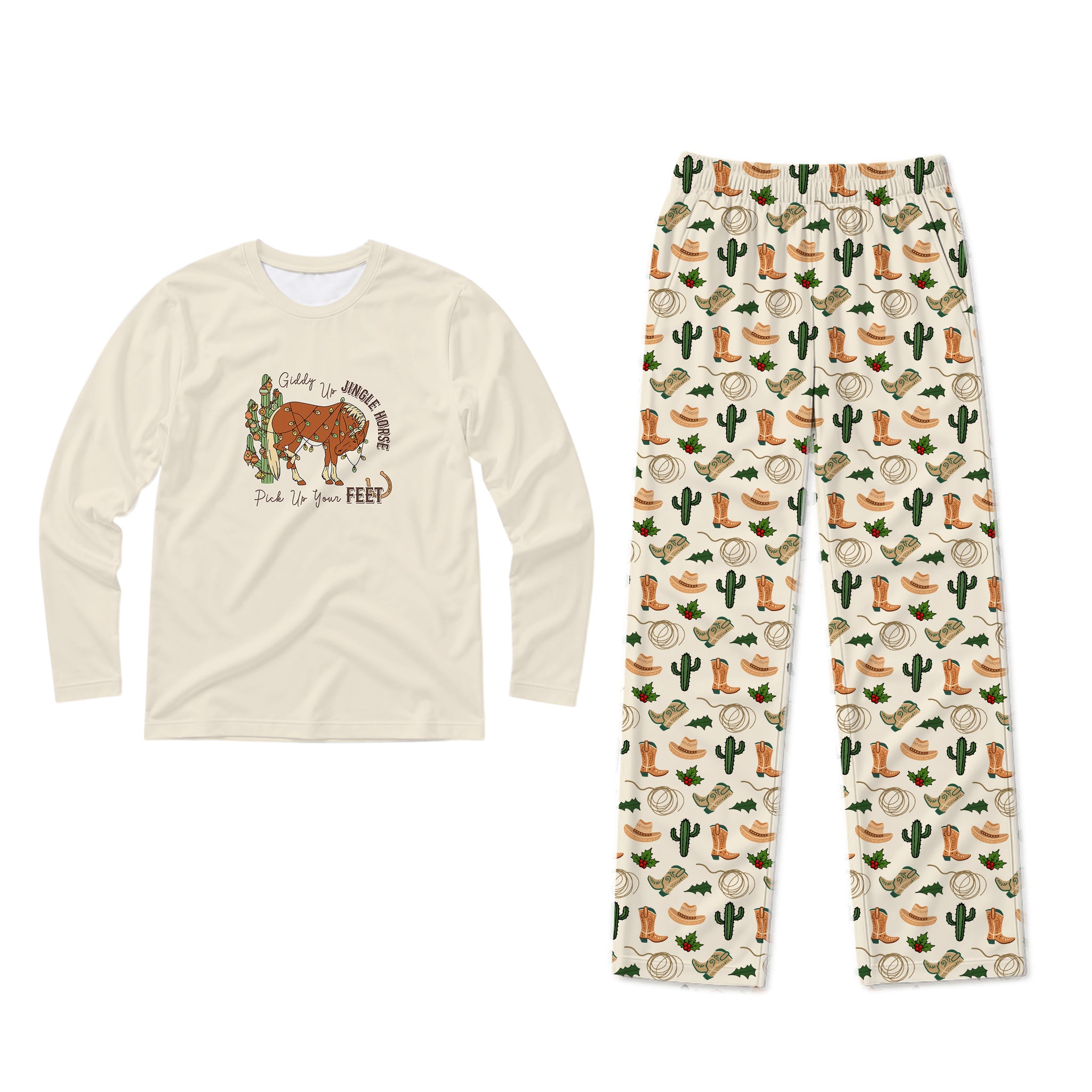 A two-piece kids' western-themed pajama set on a plain white background. The long-sleeve shirt is cream-colored with a graphic of a steer, cactus, and boots with the text 'Gotta go somewhere, feel it first'.