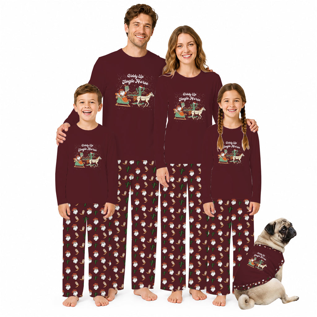A family of four and a dog wearing matching brown long-sleeve pajamas with a cartoon turkey graphic and 'Your name' text on the chest, plus patterned pants, posed against a plain white background.