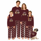 A family of four and a dog wearing matching brown long-sleeve pajamas with a cartoon turkey graphic and 'Your name' text on the chest, plus patterned pants, posed against a plain white background.