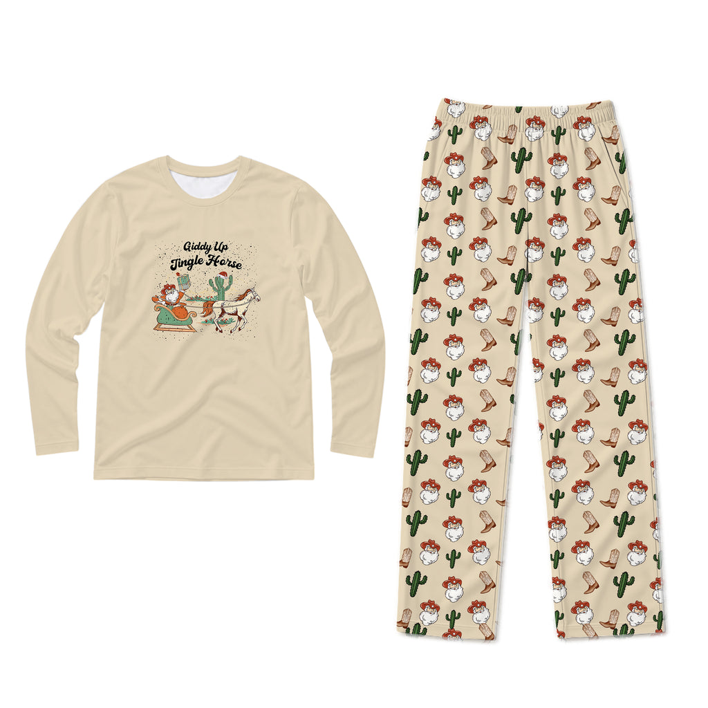 A family of four and a dog wearing matching black long-sleeve pajamas with a snowman graphic on the chest and gray patterned pants, posed against a plain white background.
