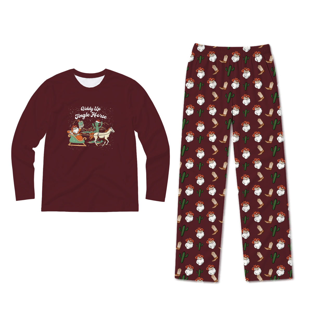 A two-piece Christmas pajama set featuring a long-sleeve crewneck shirt and matching pants. The shirt is maroon with a white silhouette of a dog wearing a Santa hat and the text 'Duckbill Through The Snow'.