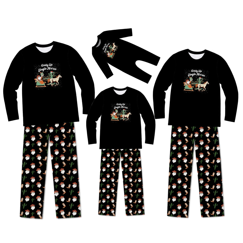 A matching family pajama set displayed on a white background, including three long-sleeve shirts and three pairs of pants in different sizes. The shirts are black with a colorful graphic of Santa riding a sleigh, and the pants feature a black background with a repeating pattern of Santa, reindeer, and snowflakes.
