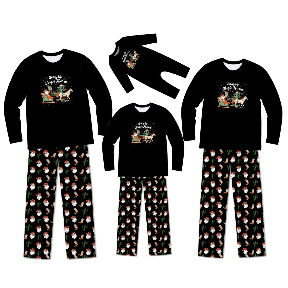 A matching family pajama set displayed on a white background, including three long-sleeve shirts and three pairs of pants in different sizes. The shirts are black with a colorful graphic of Santa riding a sleigh, and the pants feature a black background with a repeating pattern of Santa, reindeer, and snowflakes.